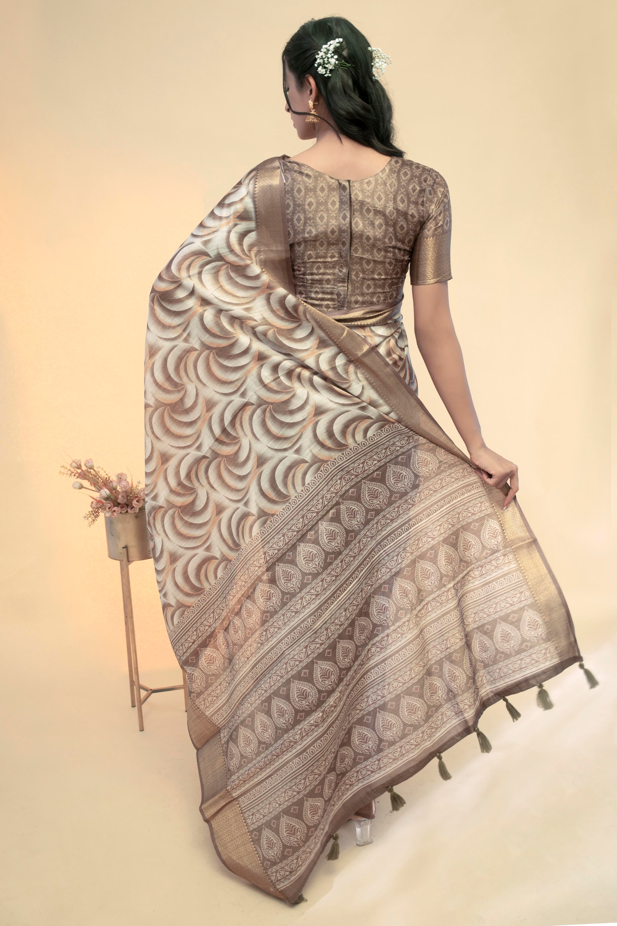 Bronze and Cream Abstract Wave Print Saree with Antique Gold Zari Border