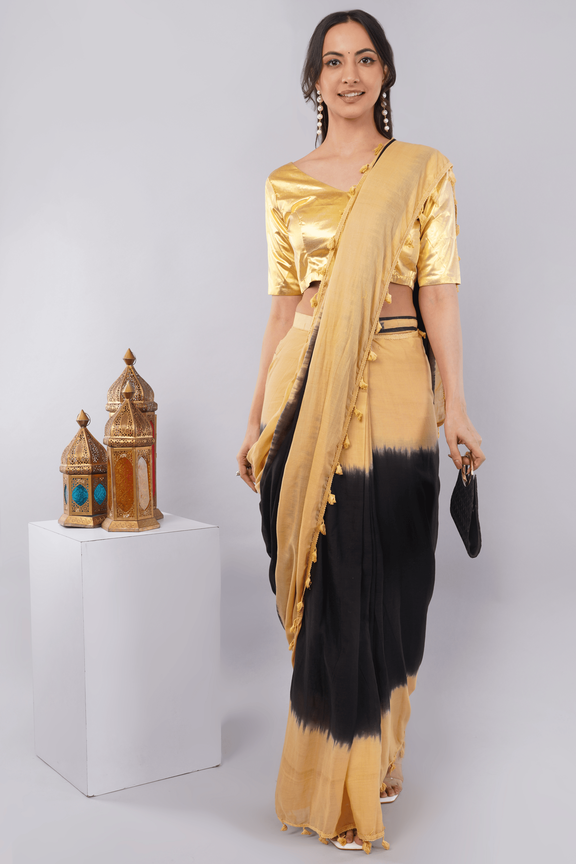 Gold Metallic V-Neck Elbow Sleeve Blouse