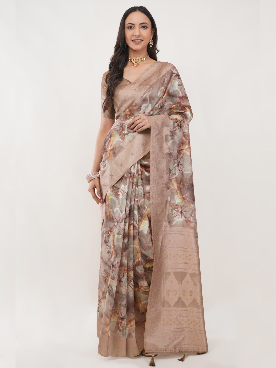 Samantha Off White Rose Scatter Printed Chanderi Saree with Woven Border