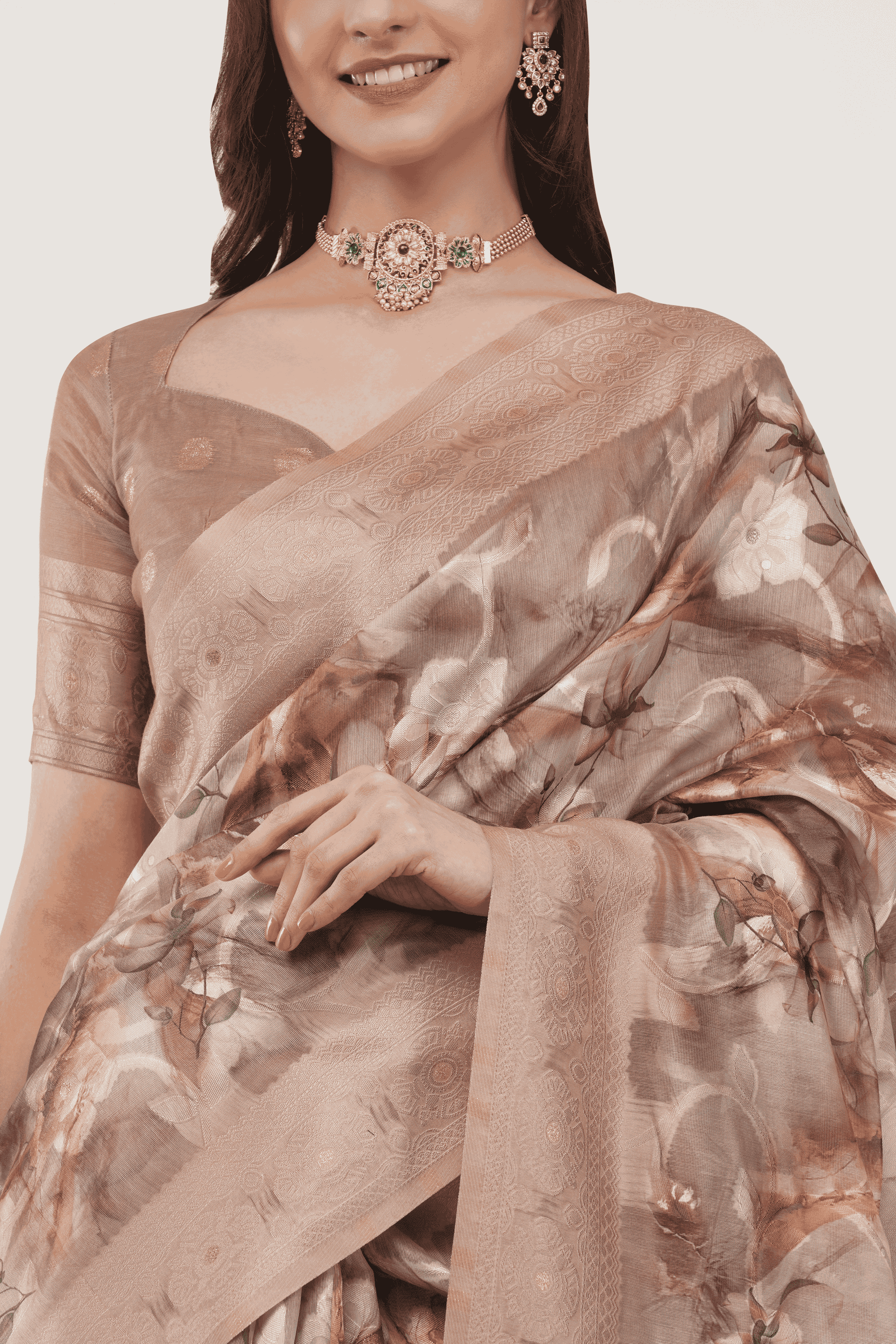 Samantha Off White Rose Scatter Printed Chanderi Saree with Woven Border