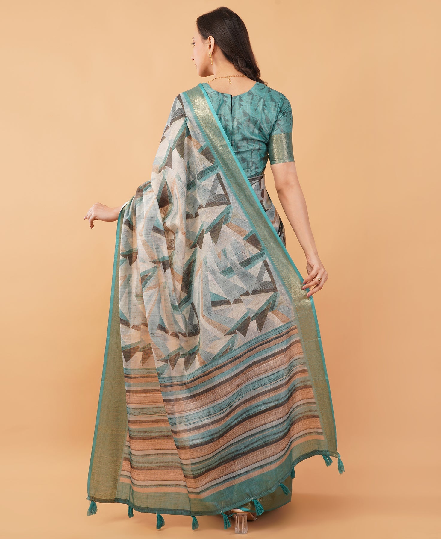 Teal and Grey Geometric Print Saree with Dull Gold Zari Border