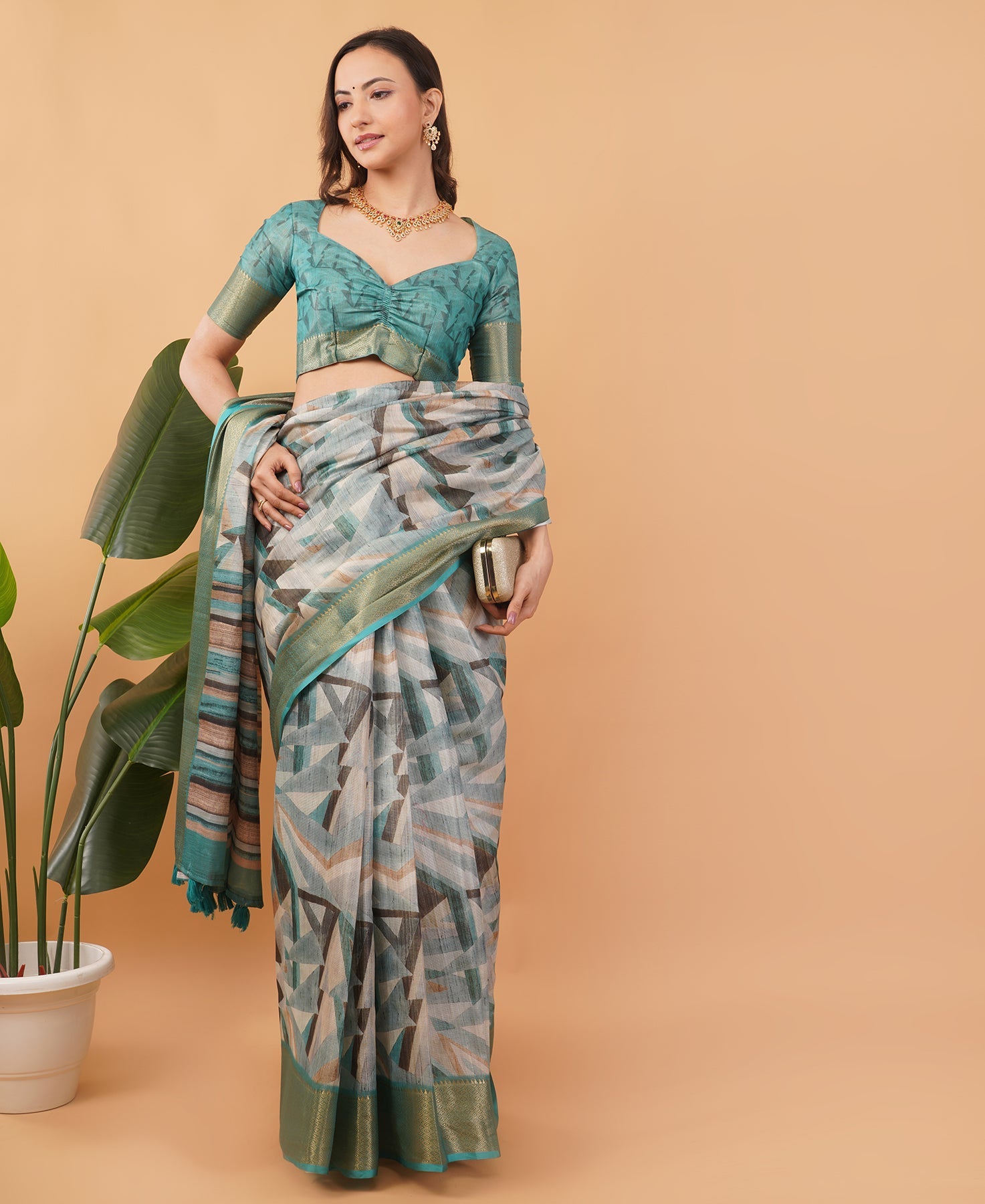 Teal and Grey Geometric Print Saree with Dull Gold Zari Border