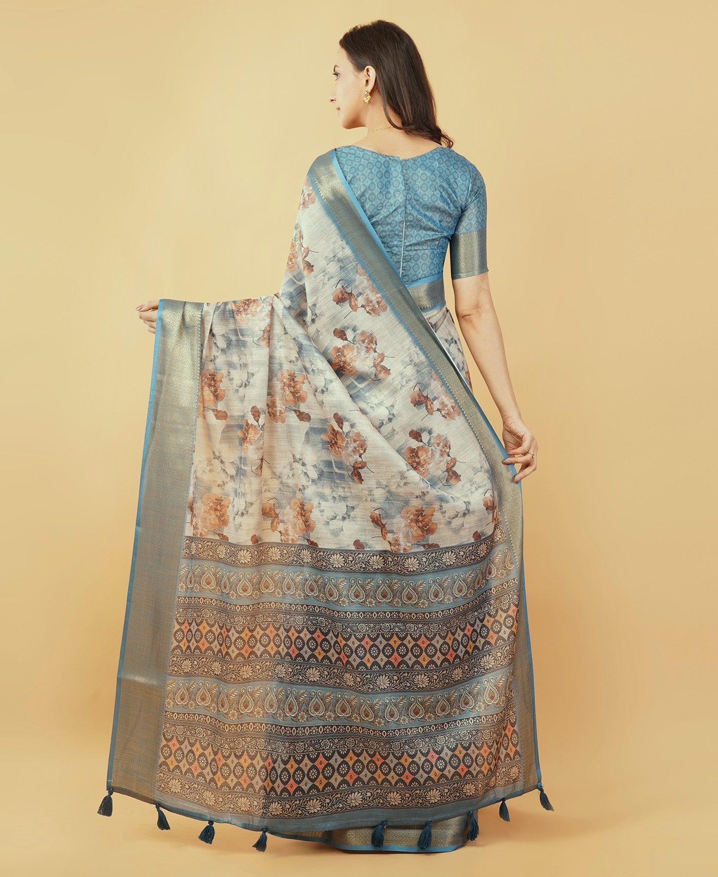 Steel Blue Geometric and Floral Print Saree with Dull Gold Zari Border