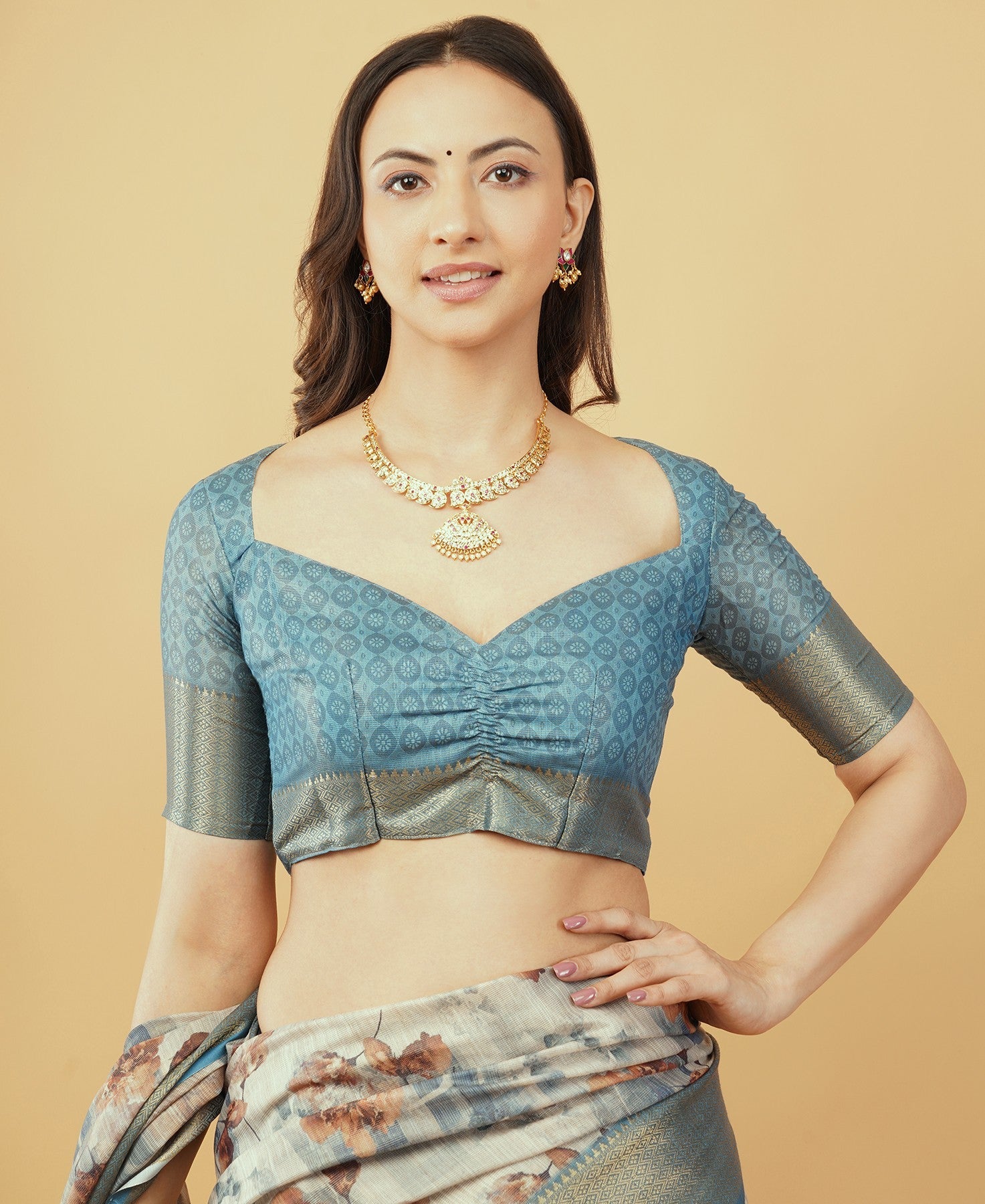 Steel Blue Geometric and Floral Print Saree with Dull Gold Zari Border