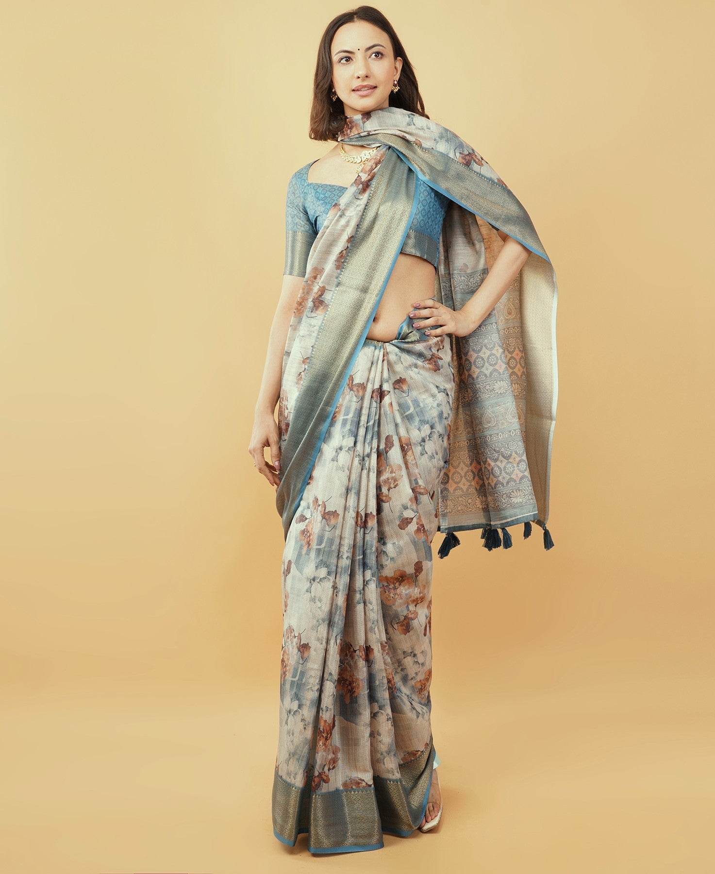 Steel Blue Geometric and Floral Print Saree with Dull Gold Zari Border