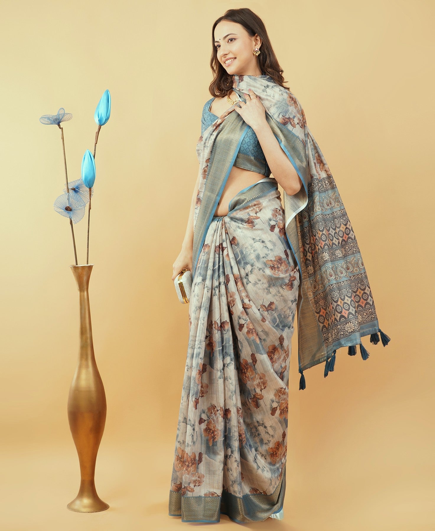 Steel Blue Geometric and Floral Print Saree with Dull Gold Zari Border