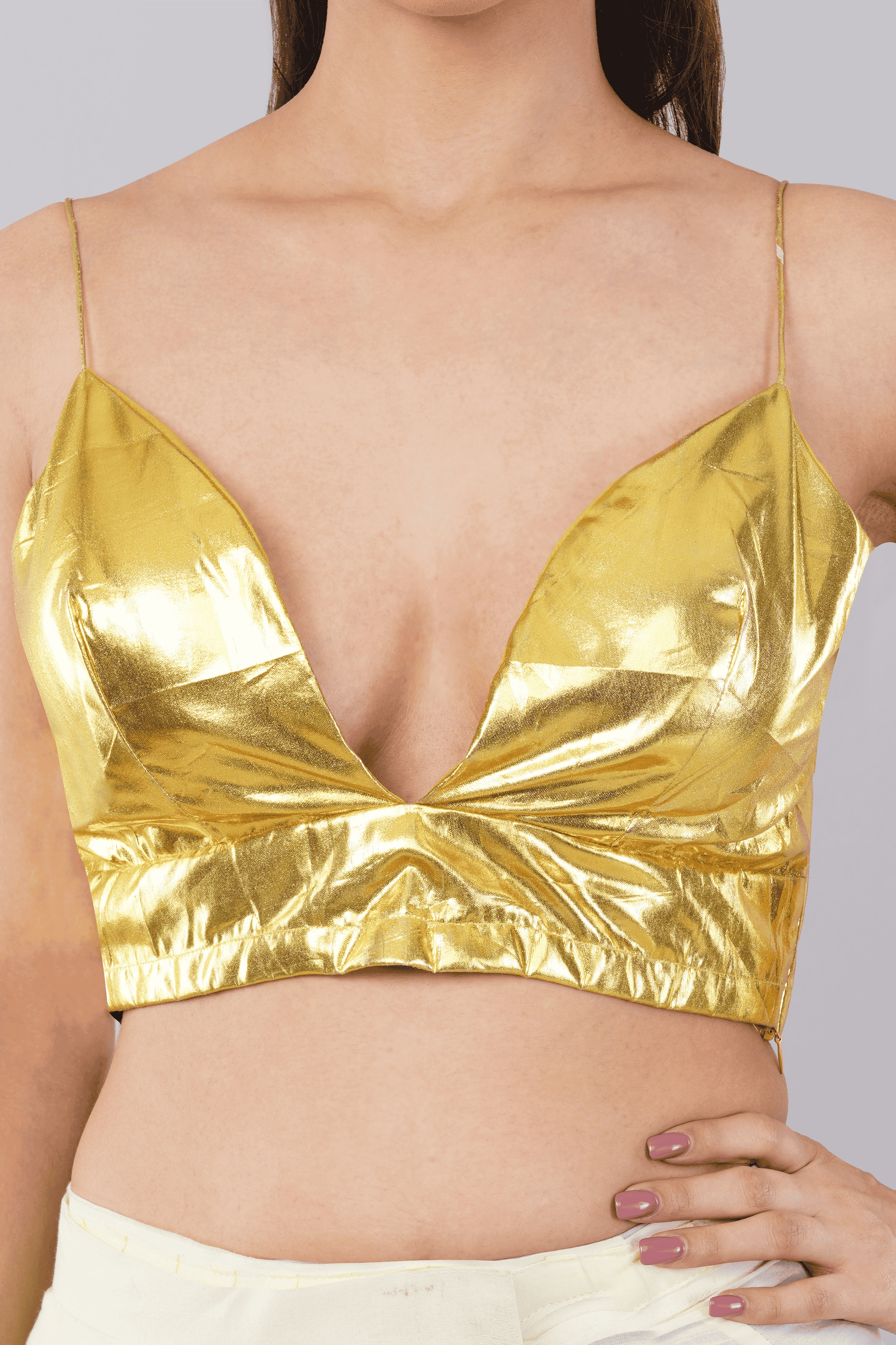Gold foil spaghetti strap padded blouse with deep V neckline