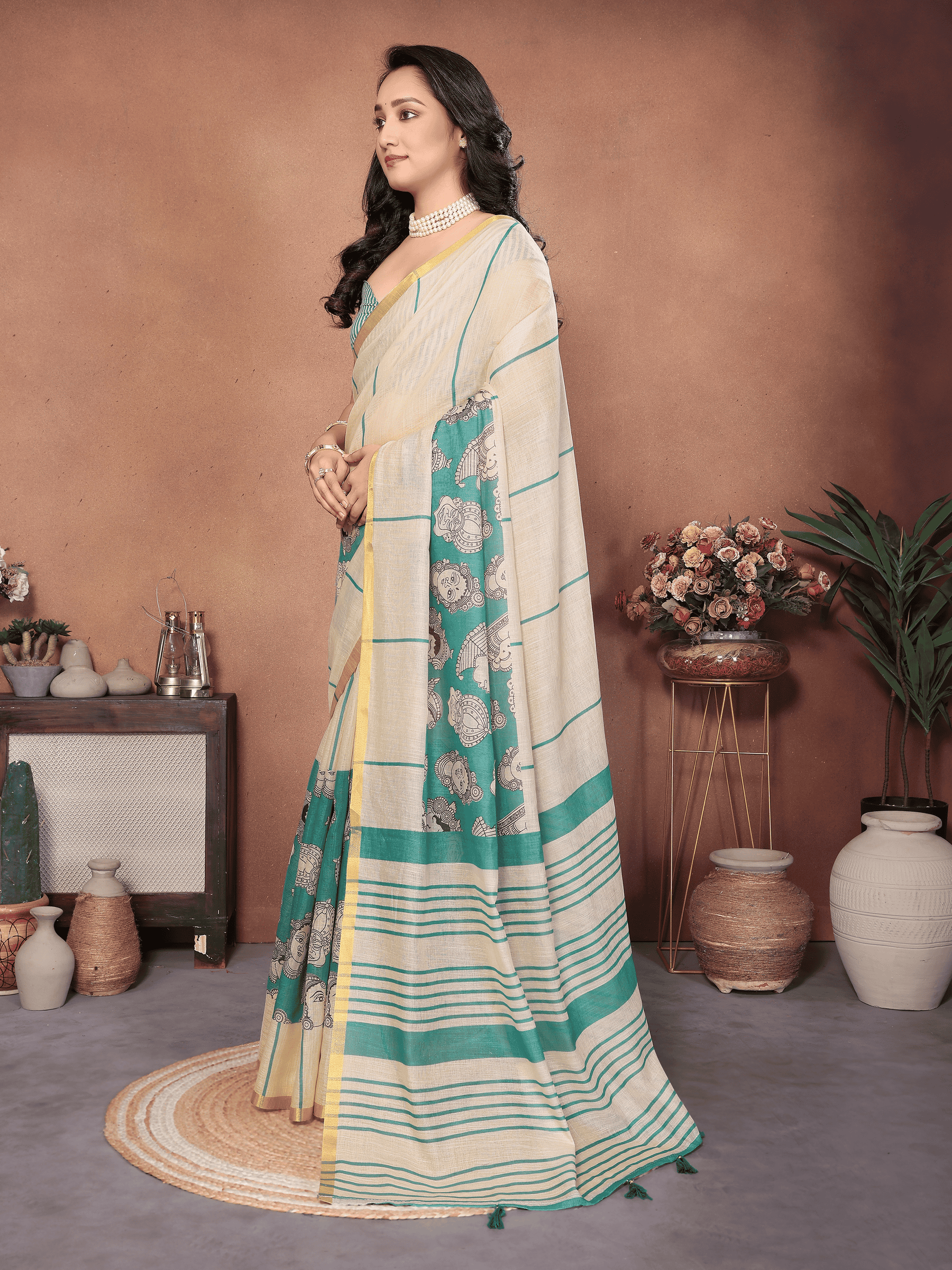 Cream & Sea-Green Kathakali Print Linen-Look Saree with Gold Zari Border and Ruched Blouse
