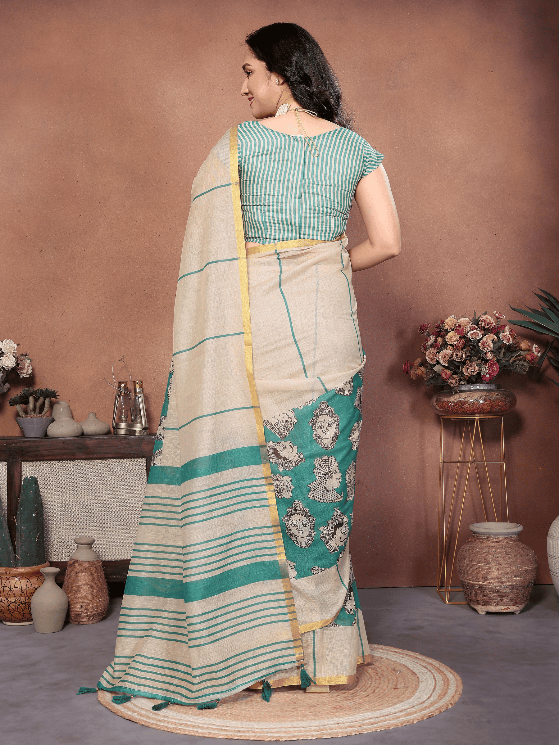 Cream & Sea-Green Kathakali Print Linen-Look Saree with Gold Zari Border and Ruched Blouse