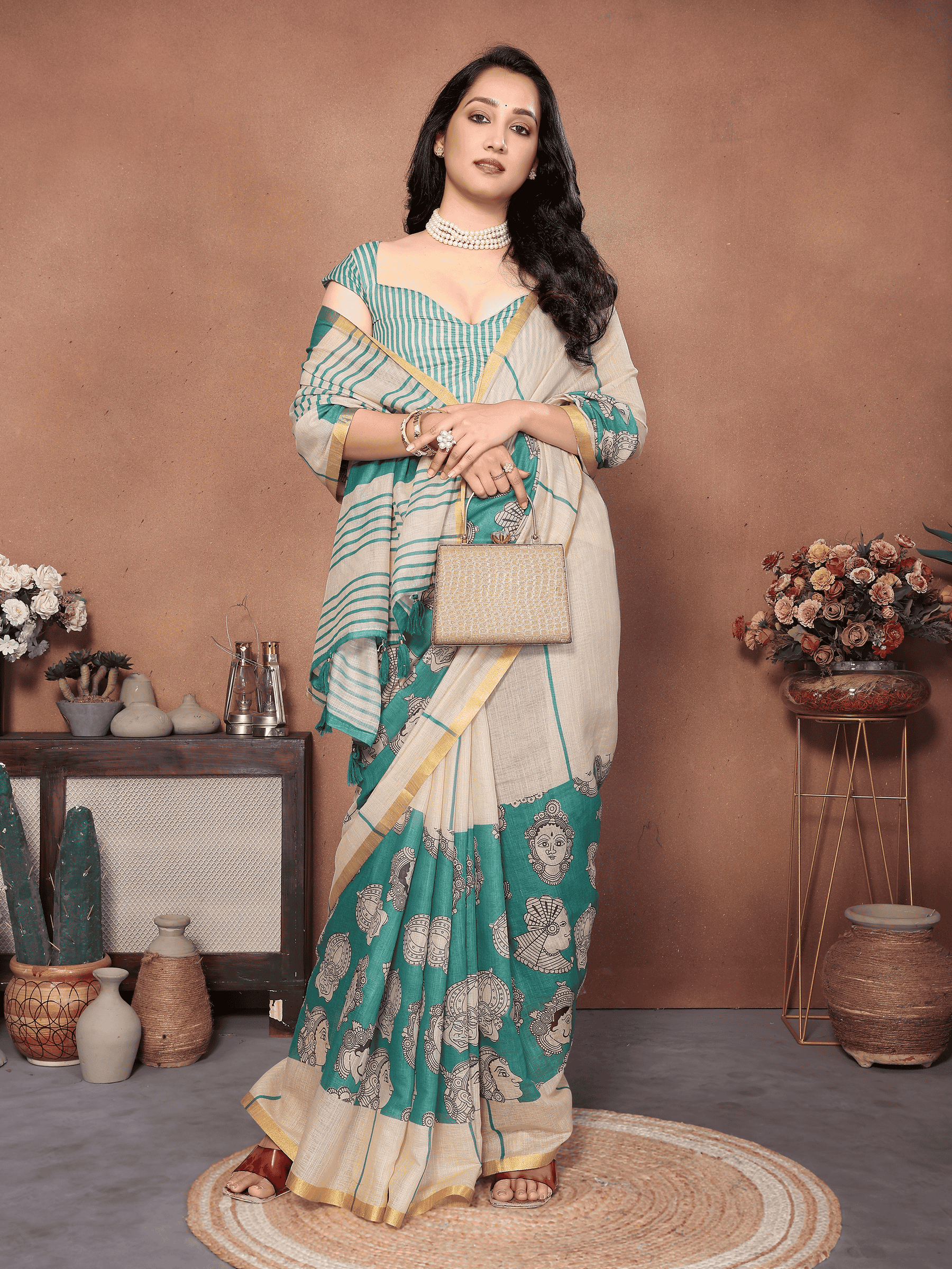 Cream & Sea-Green Kathakali Print Linen-Look Saree with Gold Zari Border and Ruched Blouse