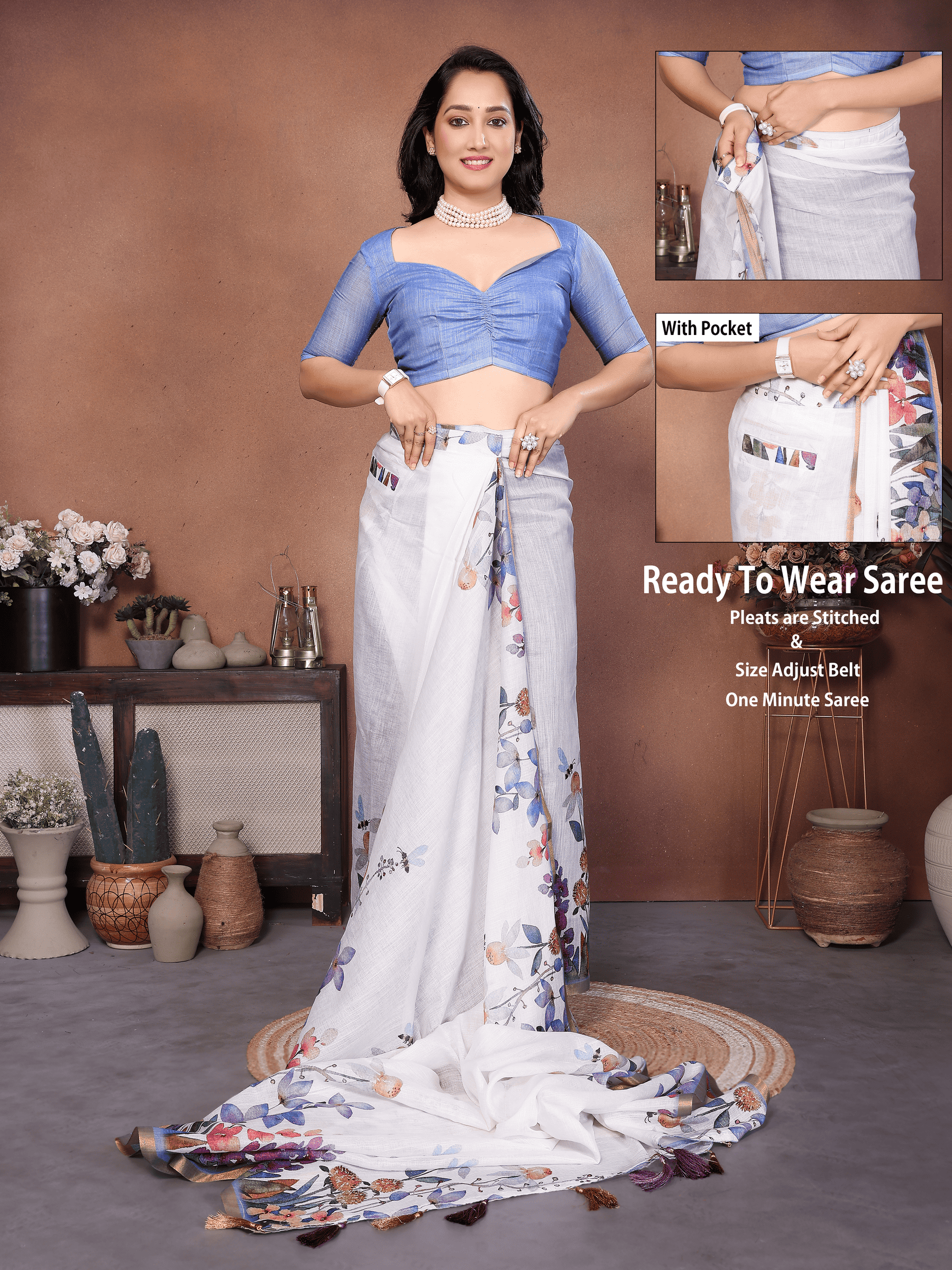 Floral White Ready-to-Wear Saree with Pocket and Periwinkle Ruched Blouse