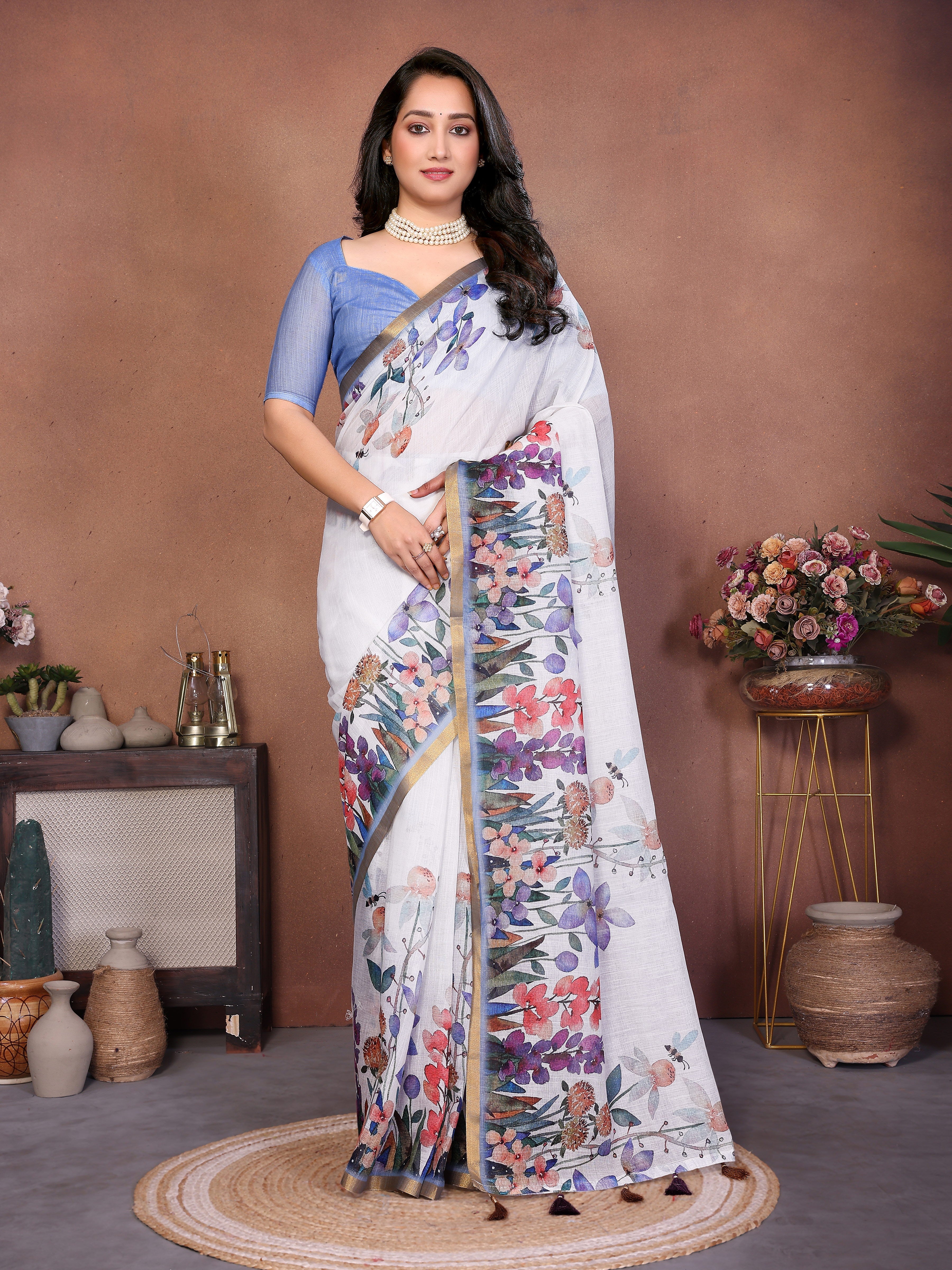 Floral white ready-to-wear saree with botanical print, pocket, and periwinkle ruched blouse
