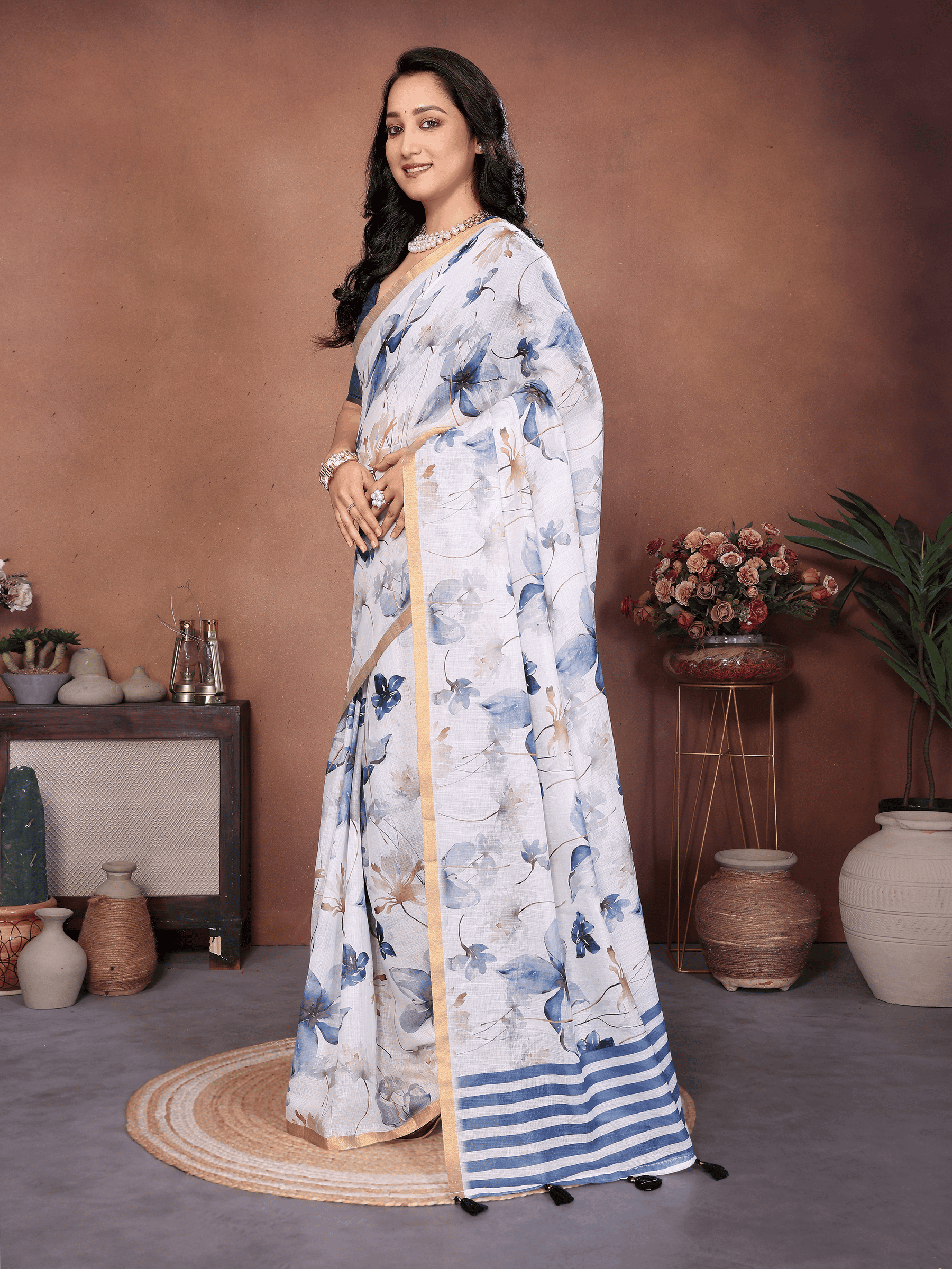 White and Blue Floral Ready-to-Wear Saree with Striped Pallu, Pocket and Tassels