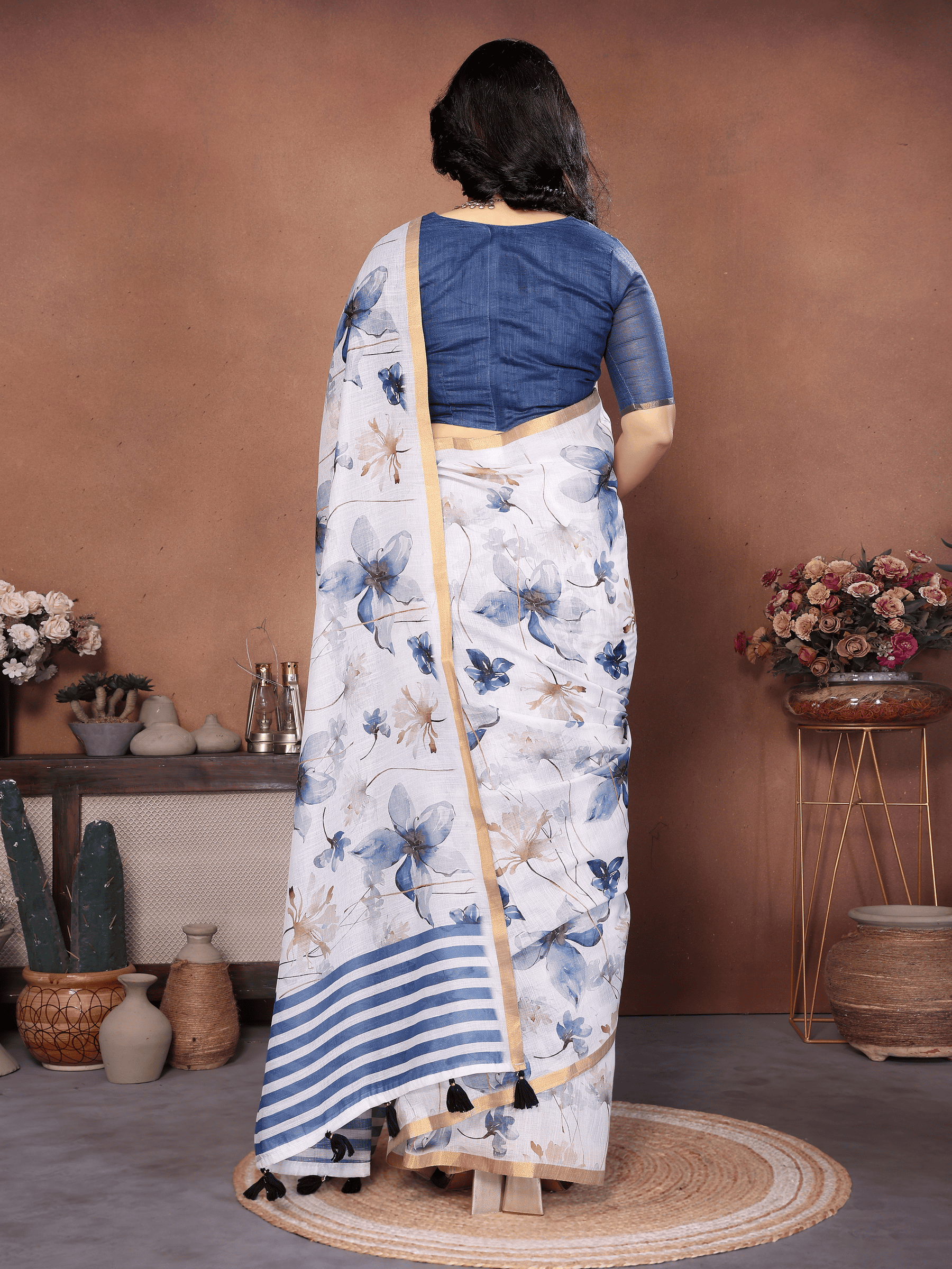 White and Blue Floral Ready-to-Wear Saree with Striped Pallu, Pocket and Tassels