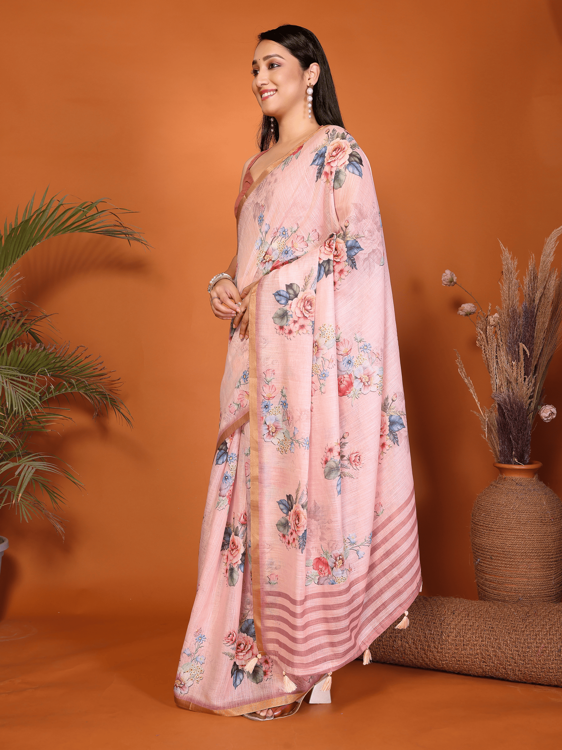 Pink Floral Ready-to-Wear Saree with Gold Border, Pocket and Tassels