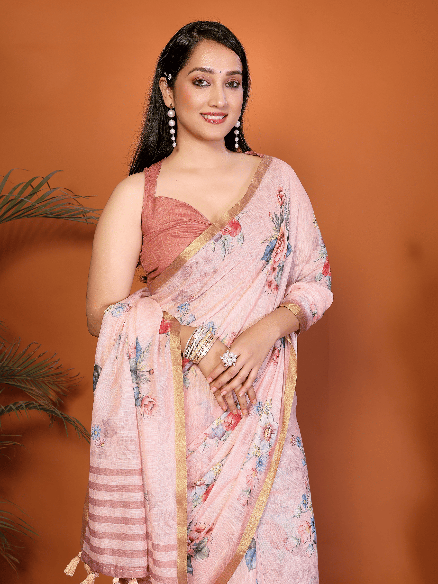 Pink Floral Ready-to-Wear Saree with Gold Border, Pocket and Tassels