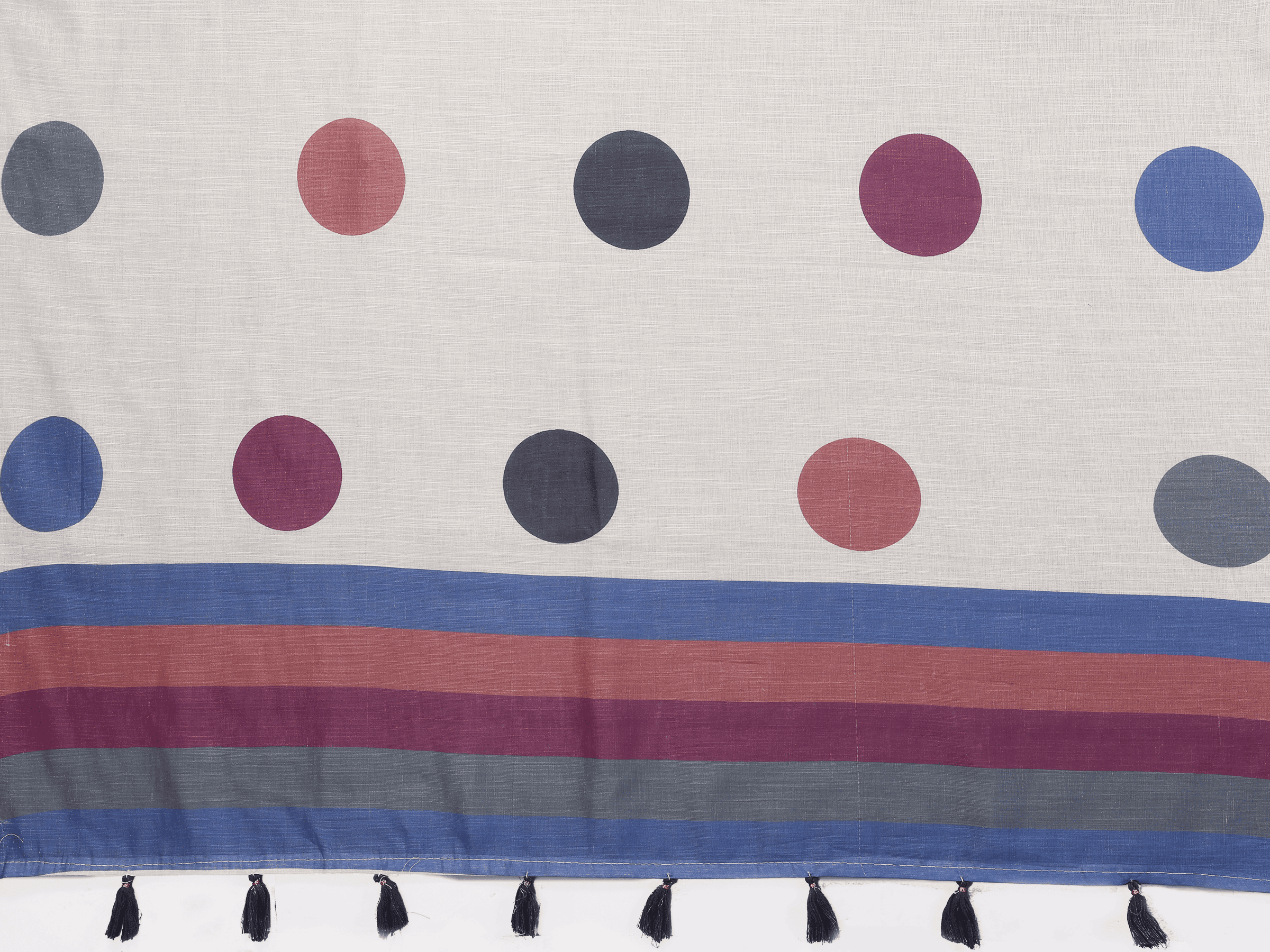 White Polka Dot Ready-to-Wear Saree with Multicolor Border, Pocket and Tassels