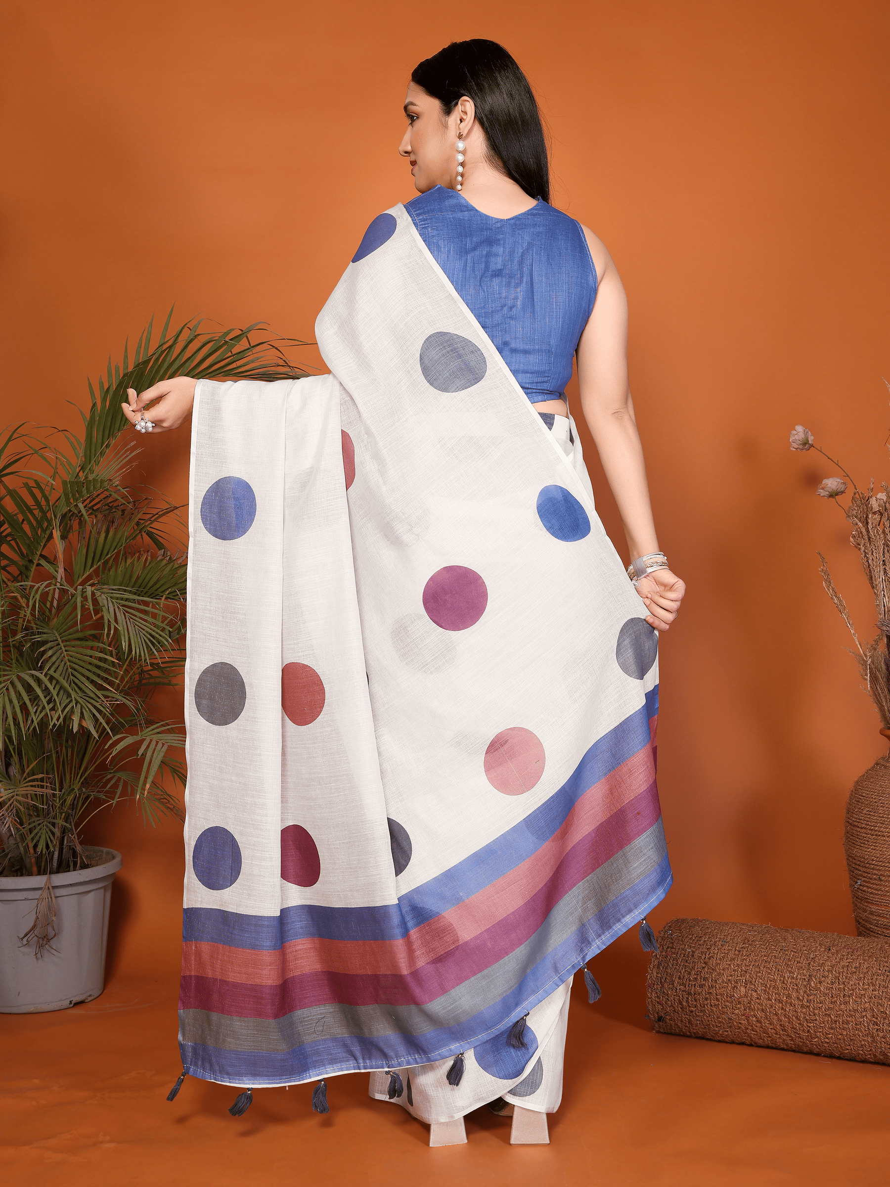 White Polka Dot Ready-to-Wear Saree with Multicolor Border, Pocket and Tassels