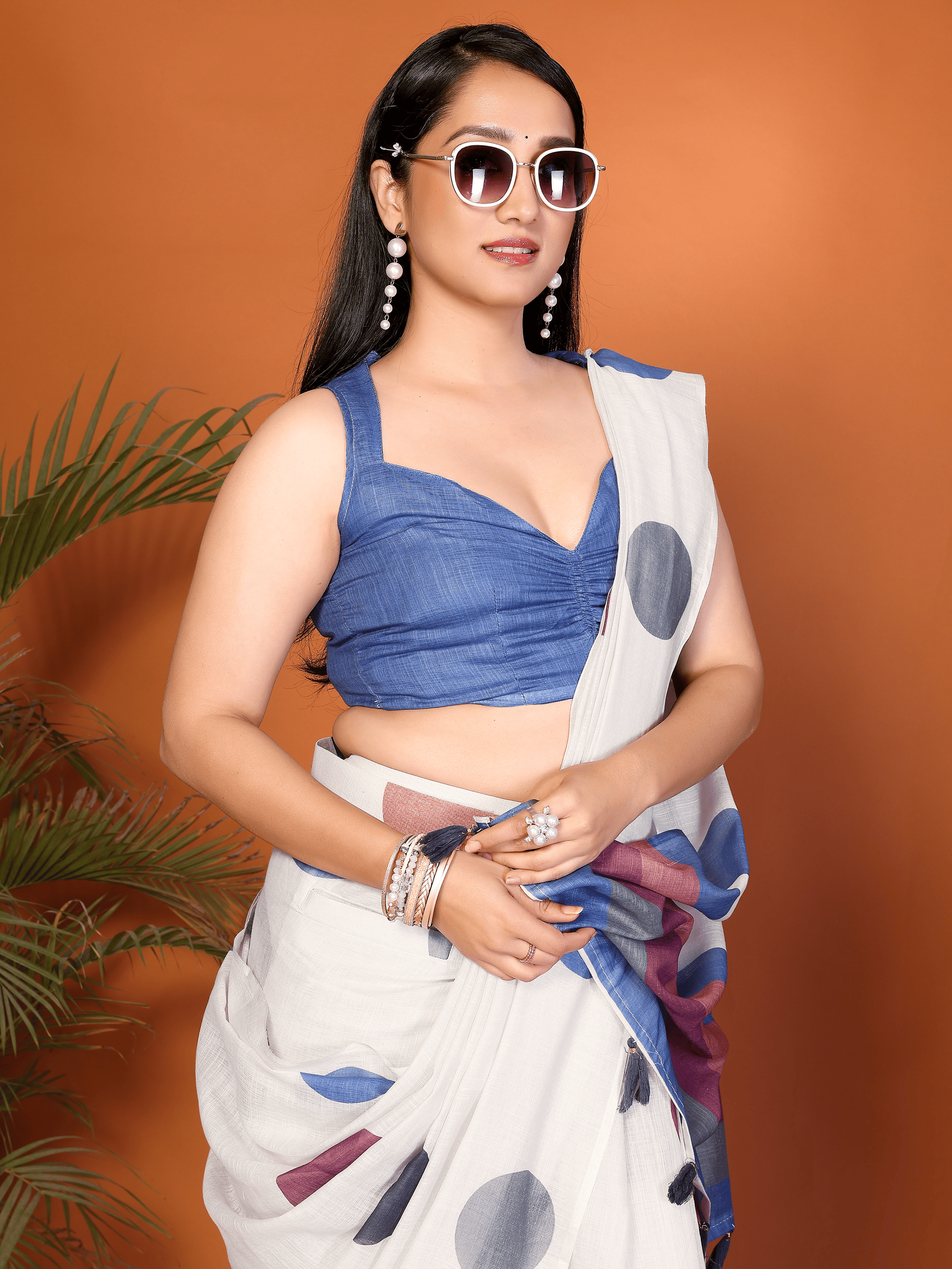 White Polka Dot Ready-to-Wear Saree with Multicolor Border, Pocket and Tassels