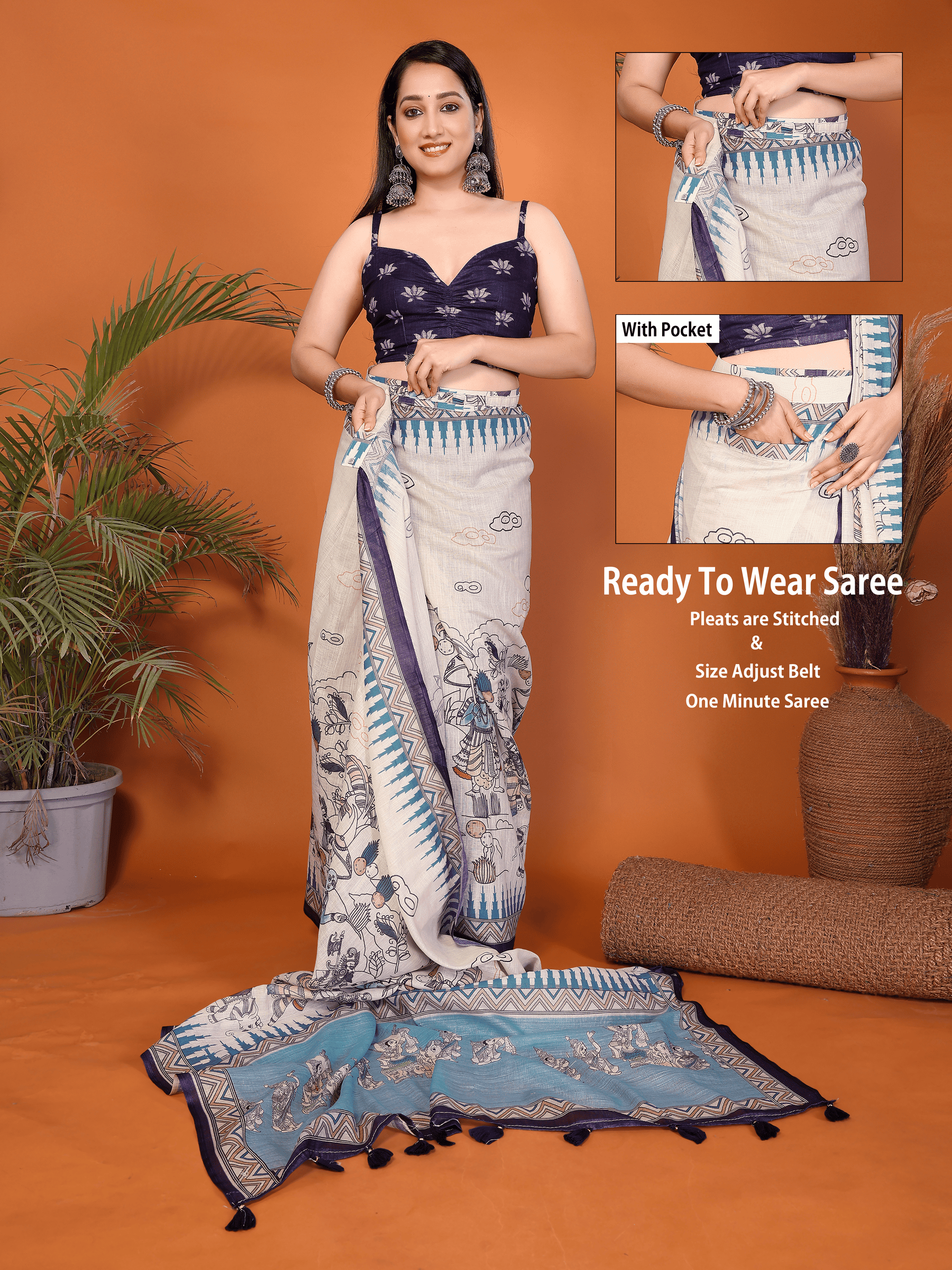 Off-White Pattachitra Print Ready-to-Wear Saree with Teal Pallu, Pocket & Ruched Purple Blouse