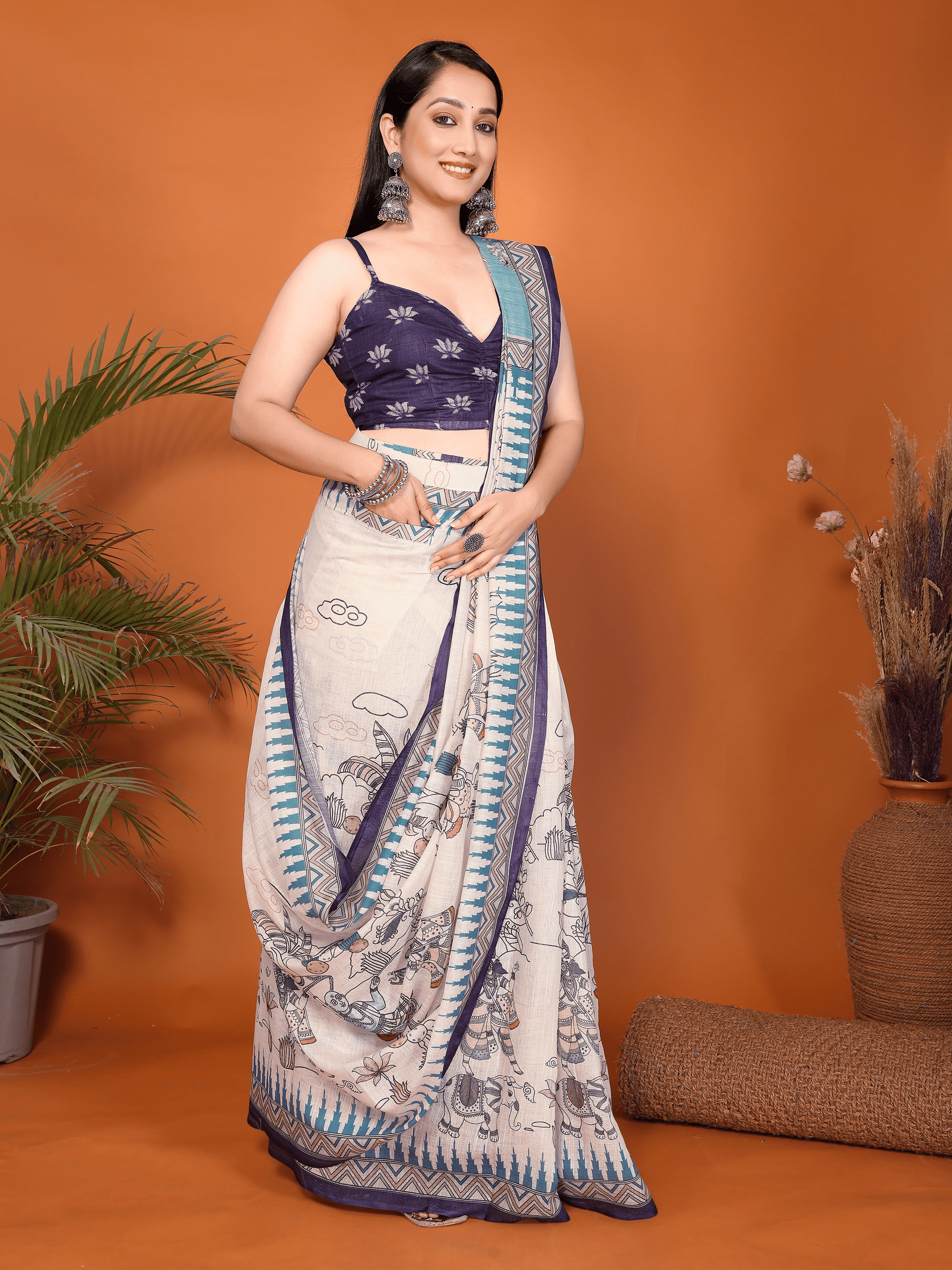 Off-White Pattachitra Print Ready-to-Wear Saree with Teal Pallu, Pocket & Ruched Purple Blouse