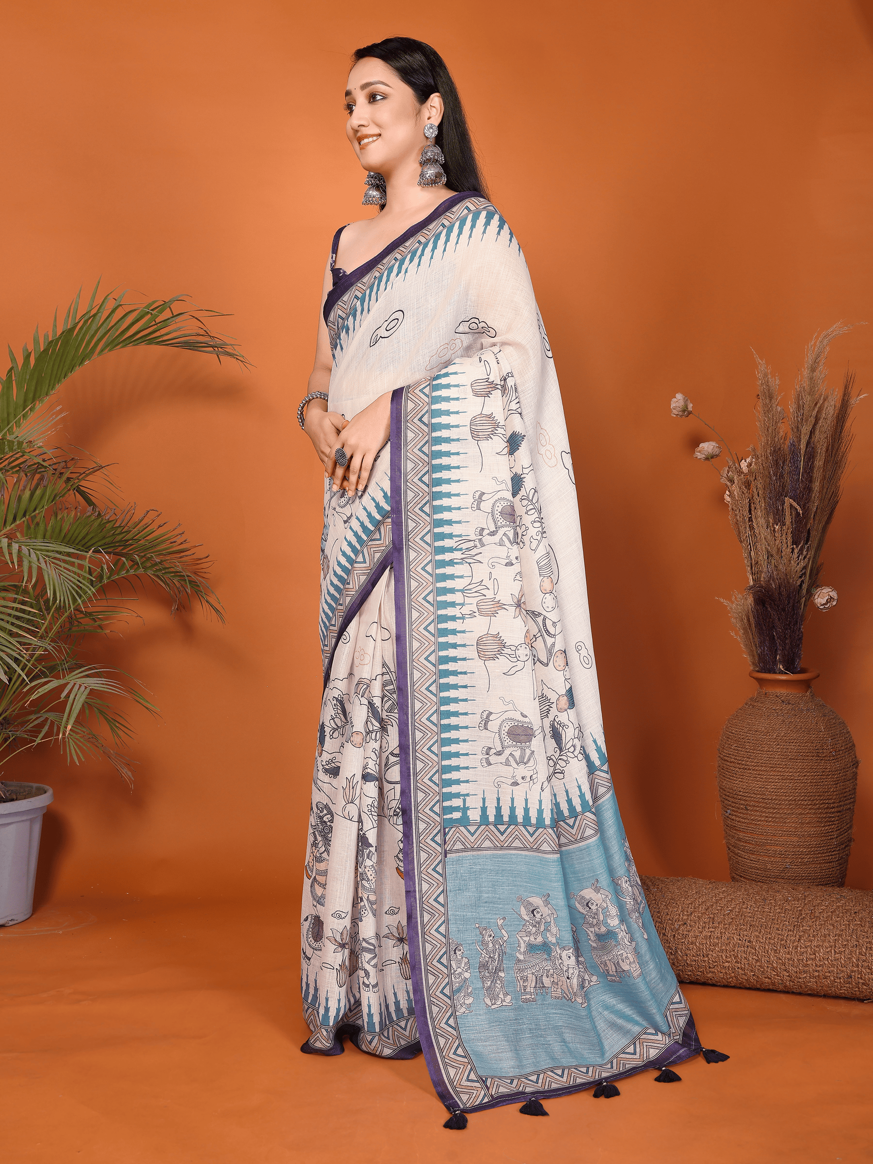 Off-White Pattachitra Print Ready-to-Wear Saree with Teal Pallu, Pocket & Ruched Purple Blouse
