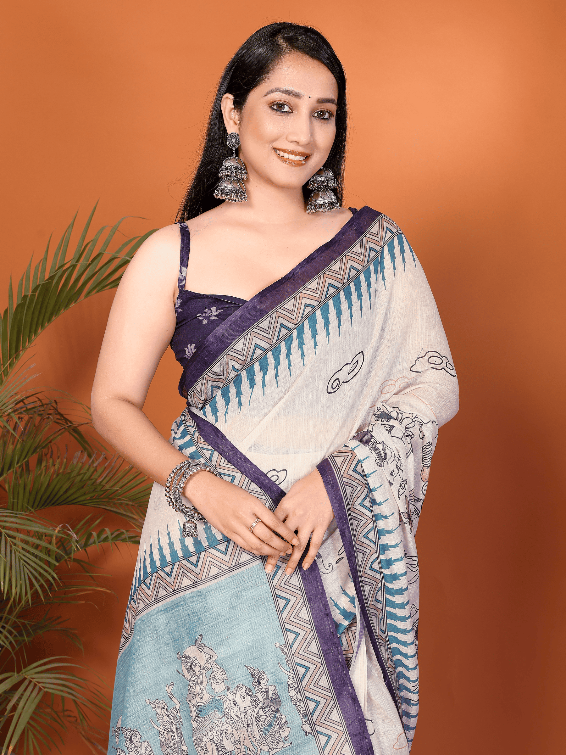 Off-White Pattachitra Print Ready-to-Wear Saree with Teal Pallu, Pocket & Ruched Purple Blouse