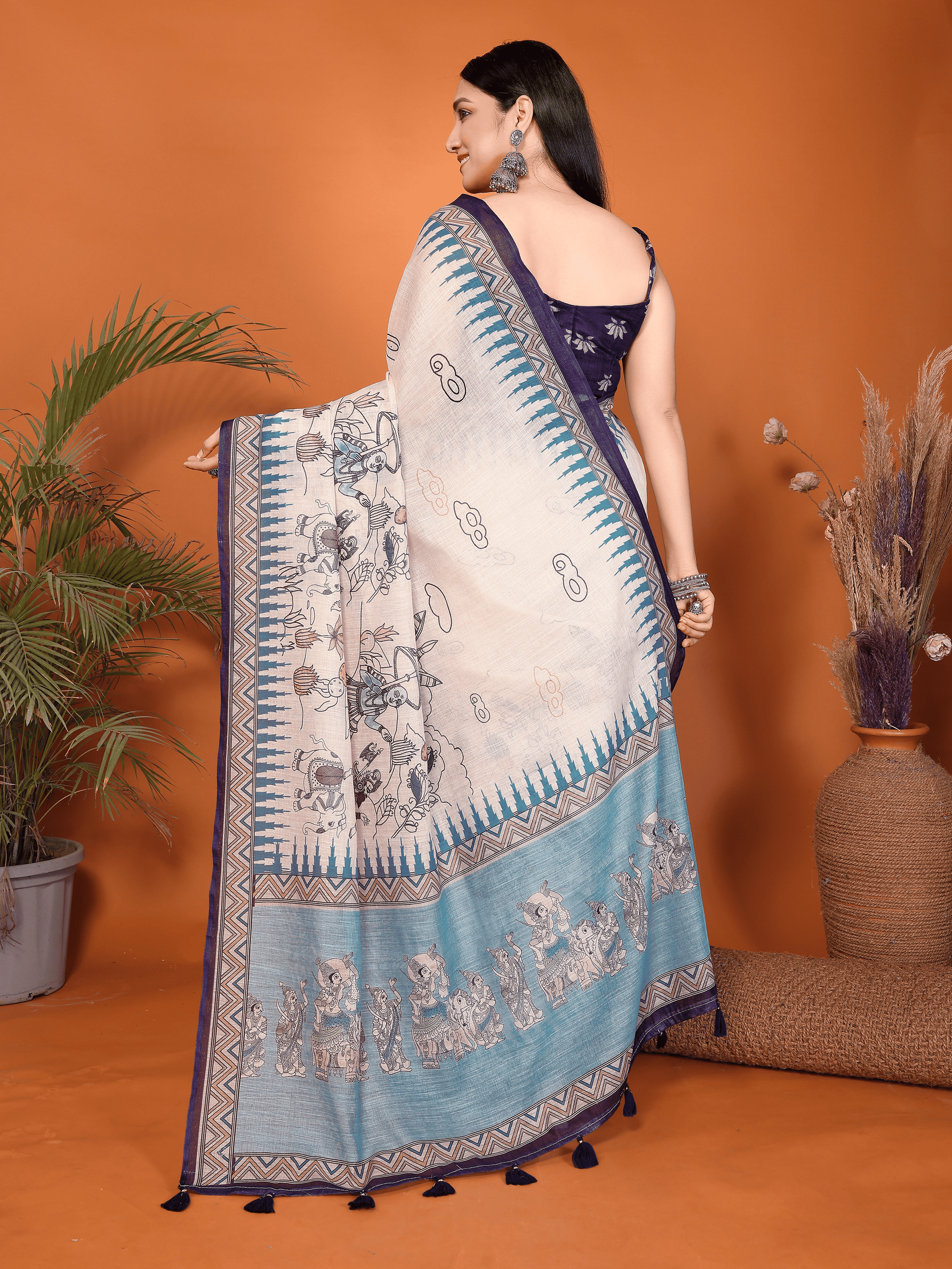 Off-White Pattachitra Print Ready-to-Wear Saree with Teal Pallu, Pocket & Ruched Purple Blouse