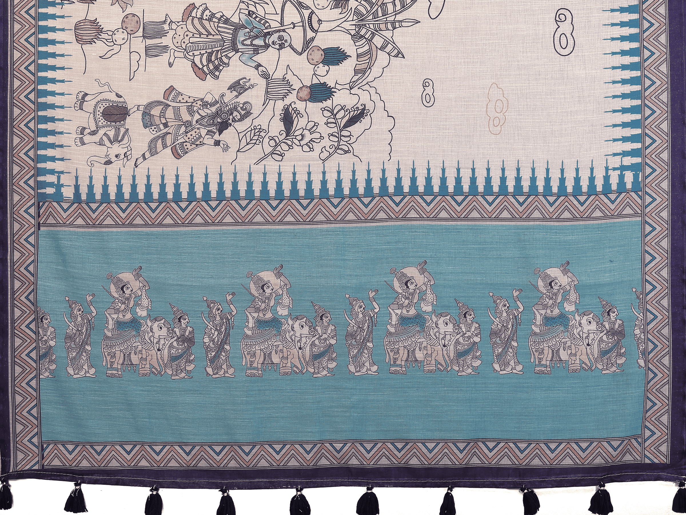 Off-White Pattachitra Print Ready-to-Wear Saree with Teal Pallu, Pocket & Ruched Purple Blouse