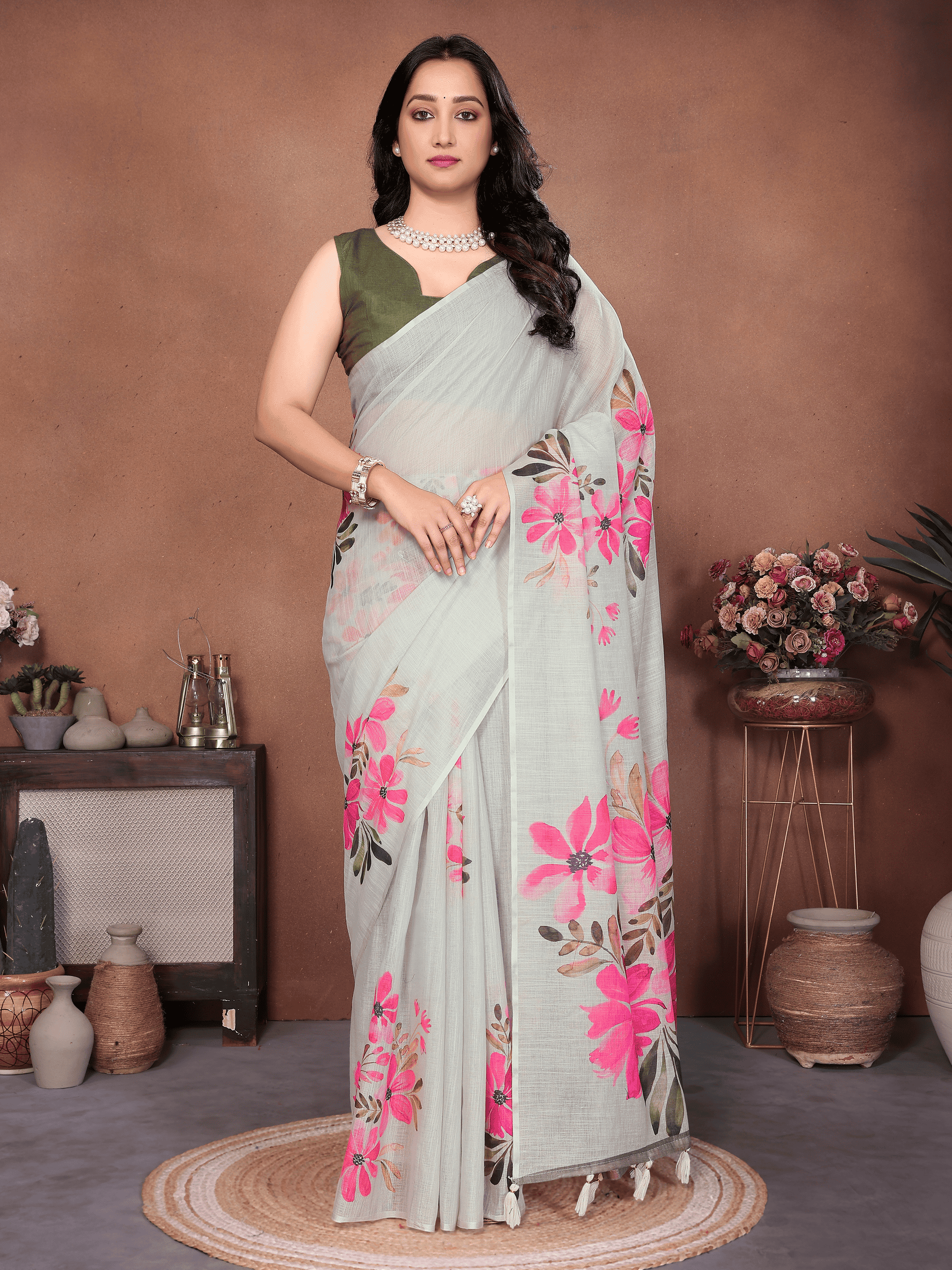 Off-White Floral Ready-to-Wear Saree with Pink Print, Pocket and Tassels