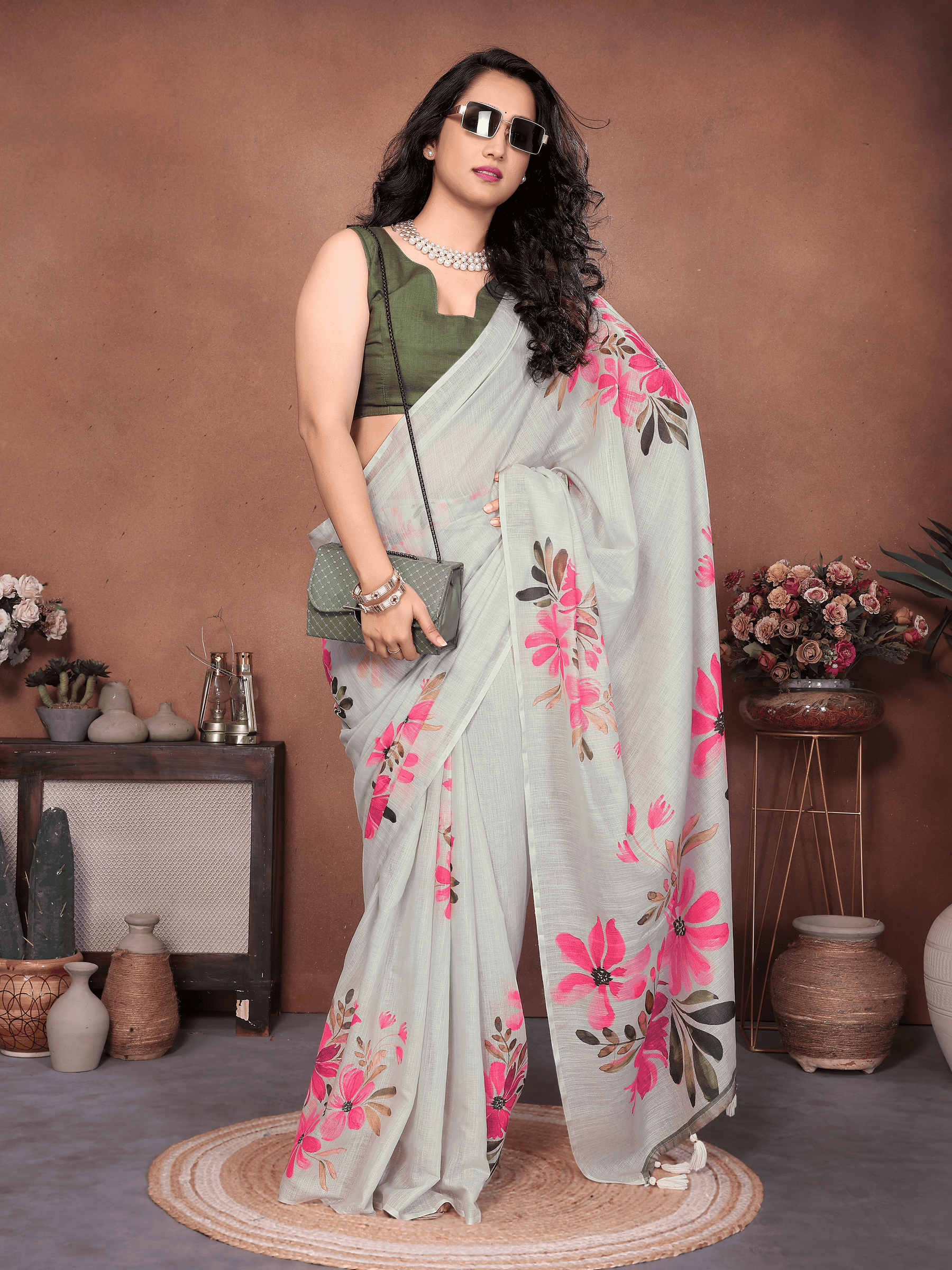 Off-White Floral Ready-to-Wear Saree with Pink Print, Pocket and Tassels