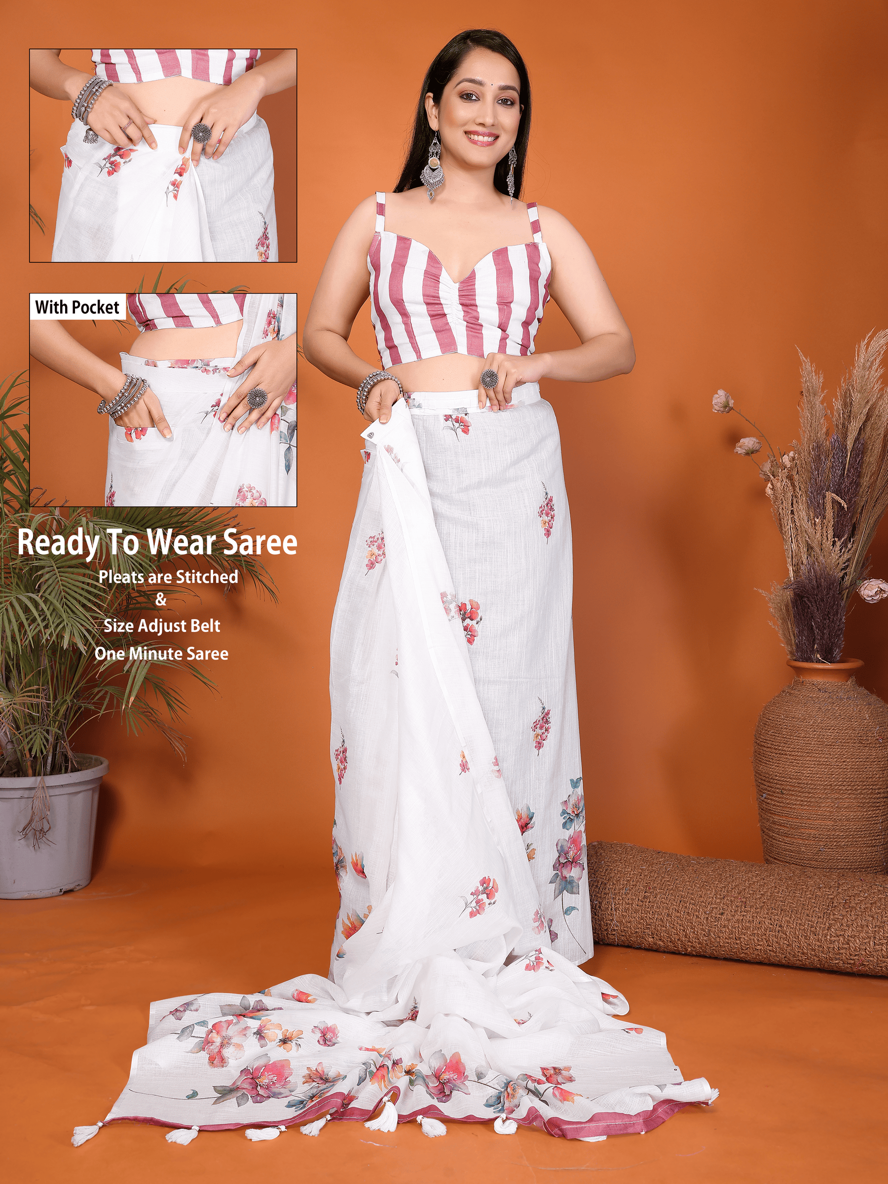 Off-White Floral Ready-to-Wear Saree with Maroon Border, Pocket and Tassels