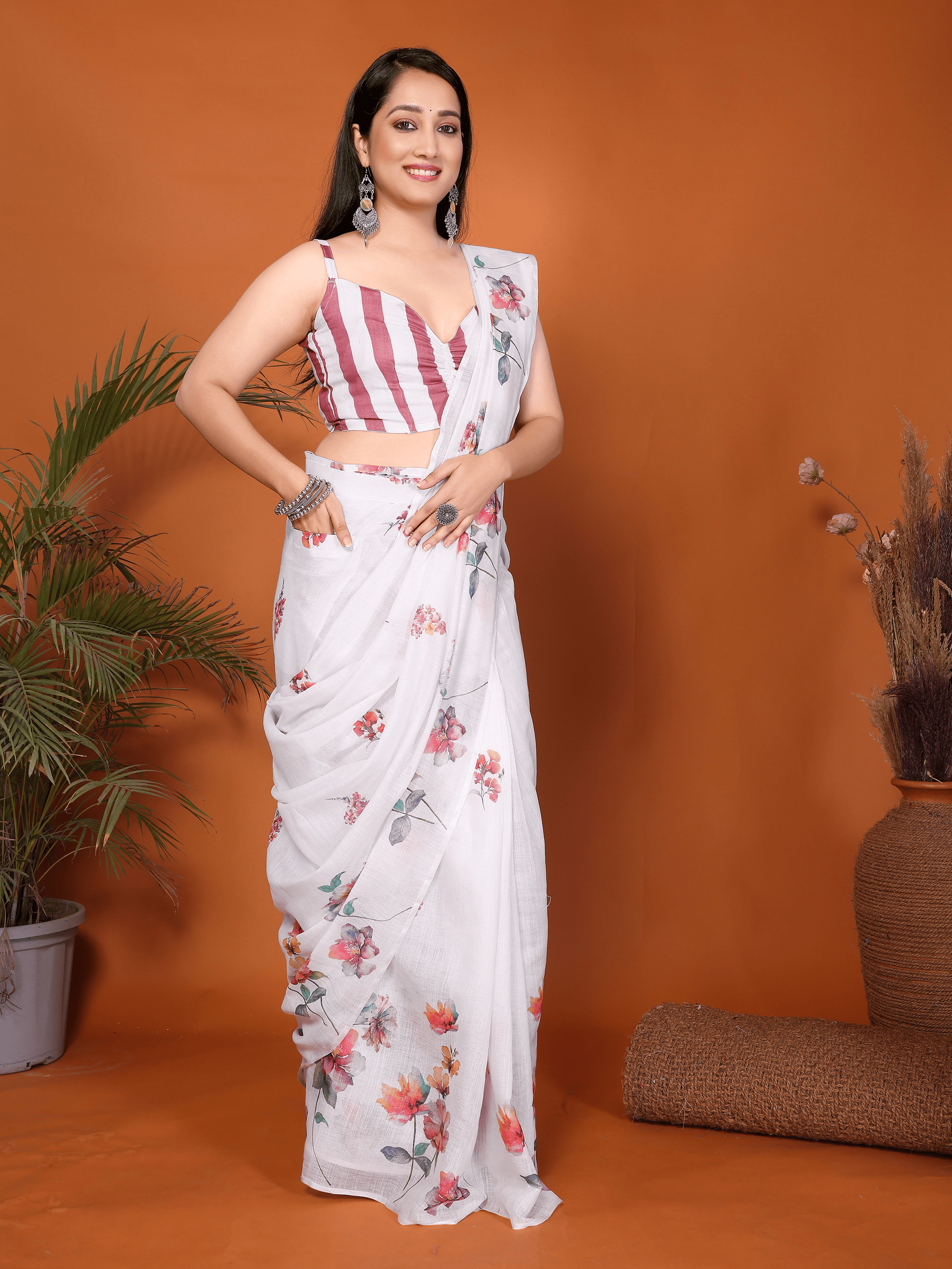 Off-White Floral Ready-to-Wear Saree with Maroon Border, Pocket and Tassels