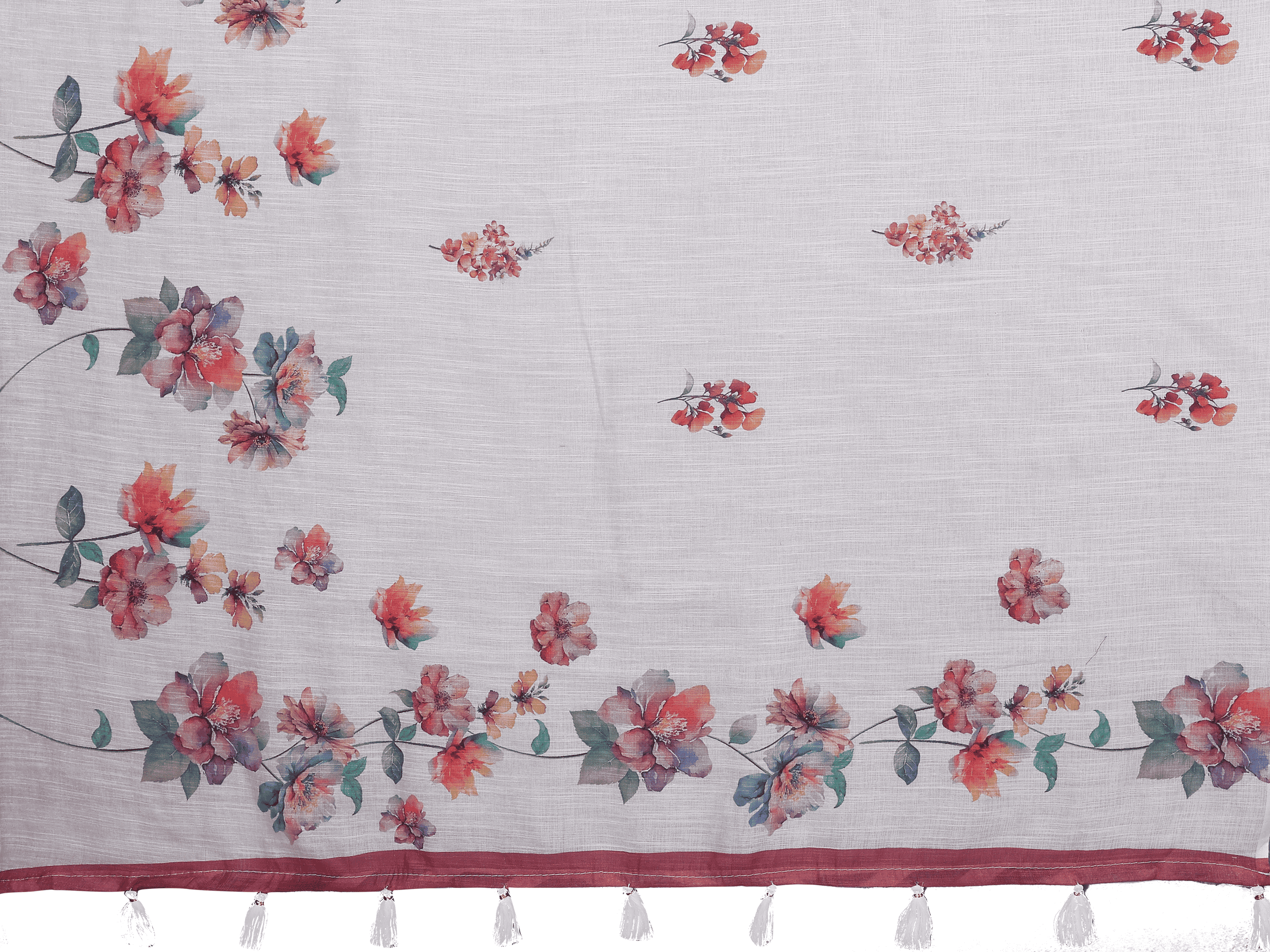 Off-White Floral Ready-to-Wear Saree with Maroon Border, Pocket and Tassels