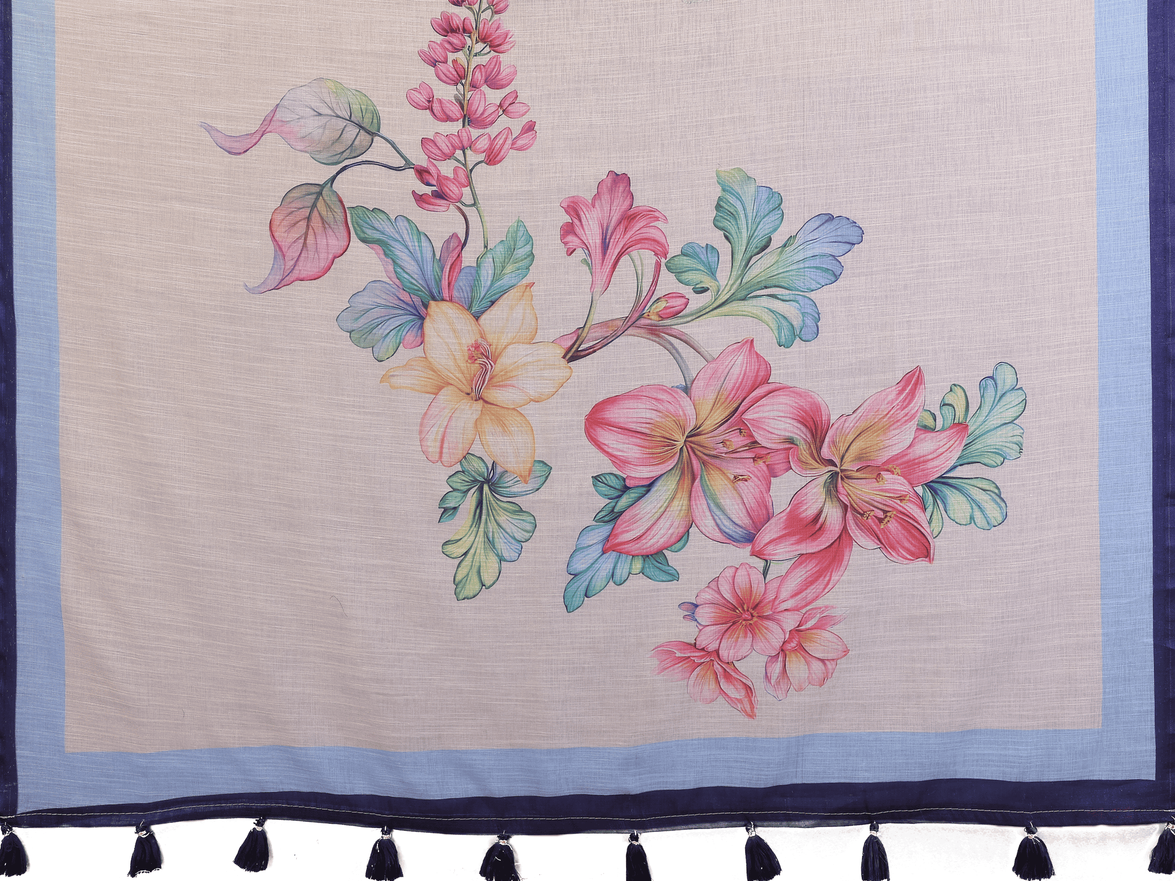 Cream White Floral Ready-to-Wear Saree with Blue Border, Pocket and Tassels