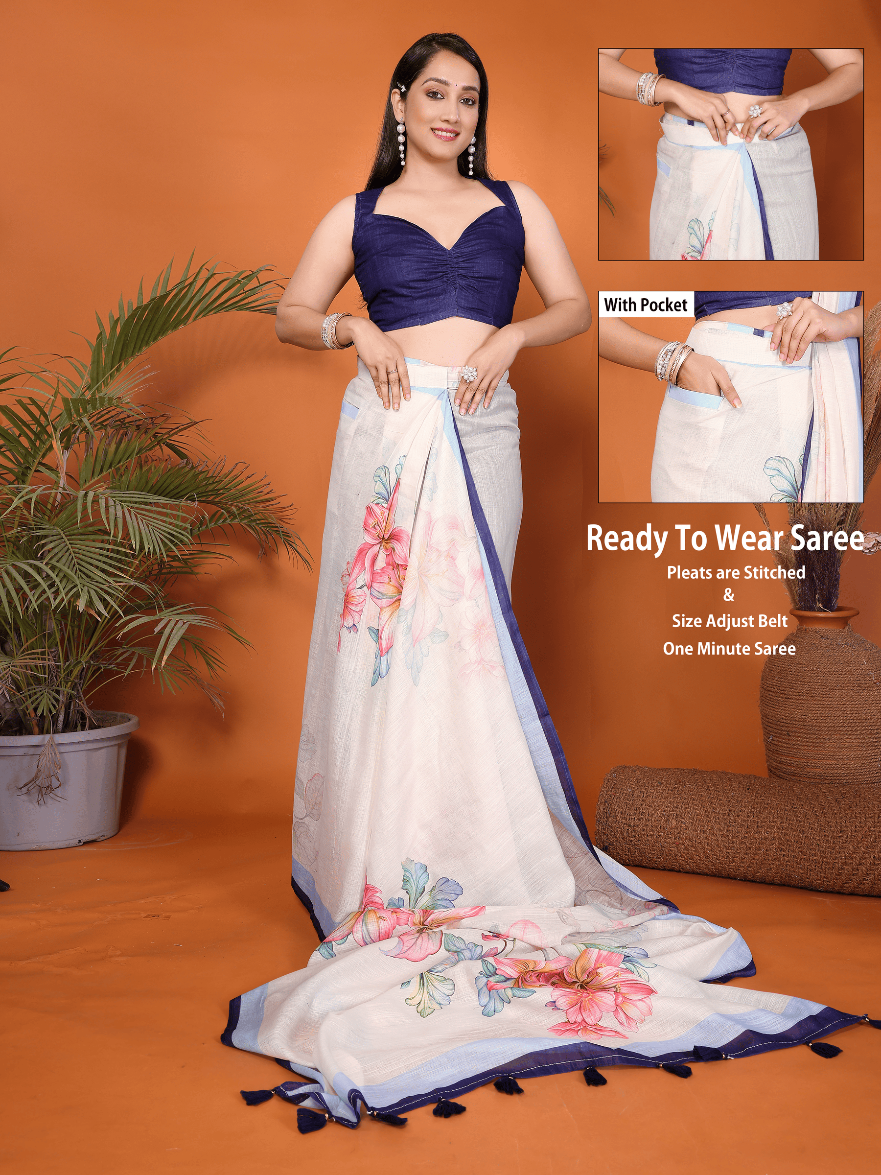 Cream White Floral Ready-to-Wear Saree with Blue Border, Pocket and Tassels