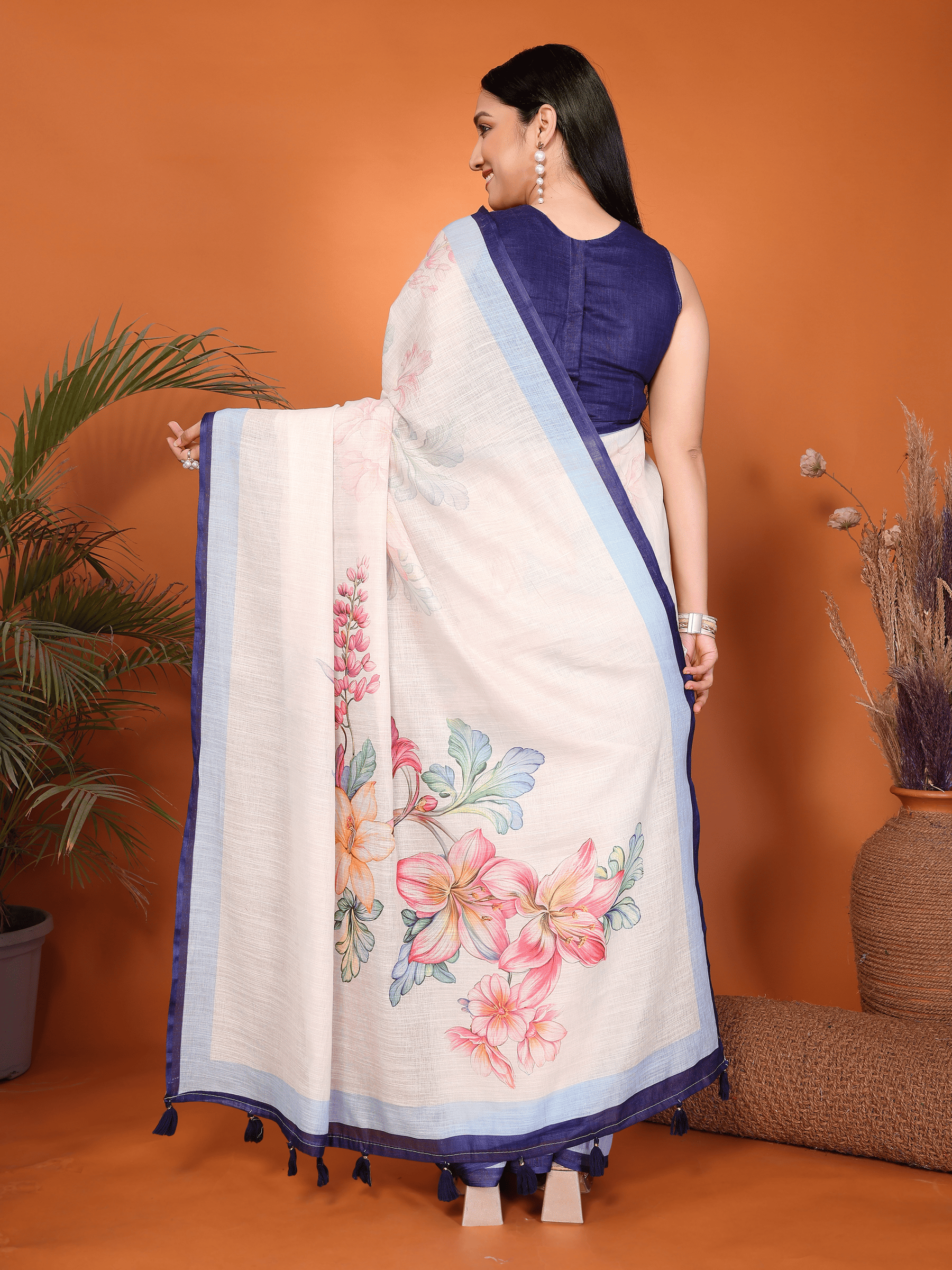 Cream White Floral Ready-to-Wear Saree with Blue Border, Pocket and Tassels