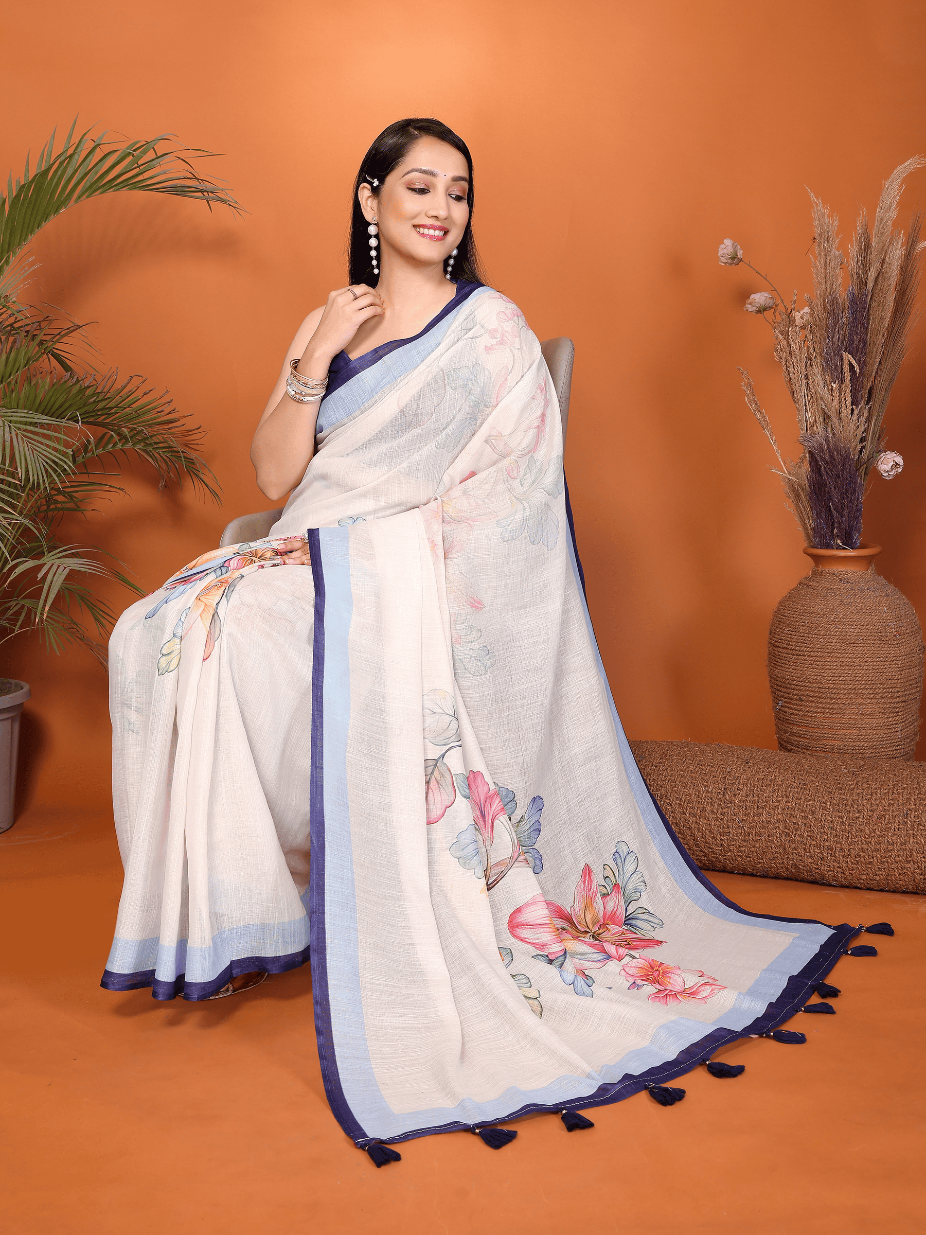 Cream White Floral Ready-to-Wear Saree with Blue Border, Pocket and Tassels