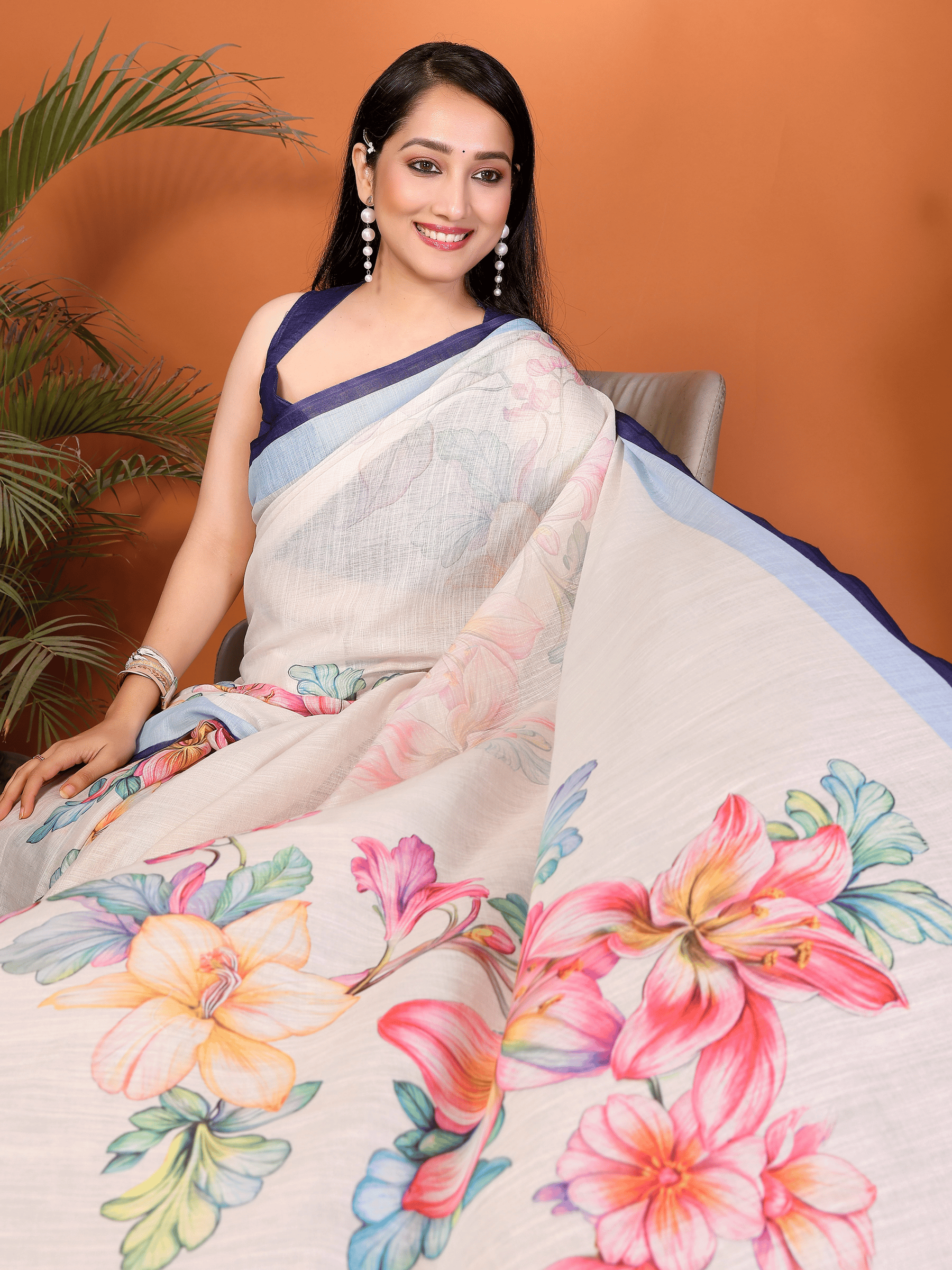 Cream White Floral Ready-to-Wear Saree with Blue Border, Pocket and Tassels