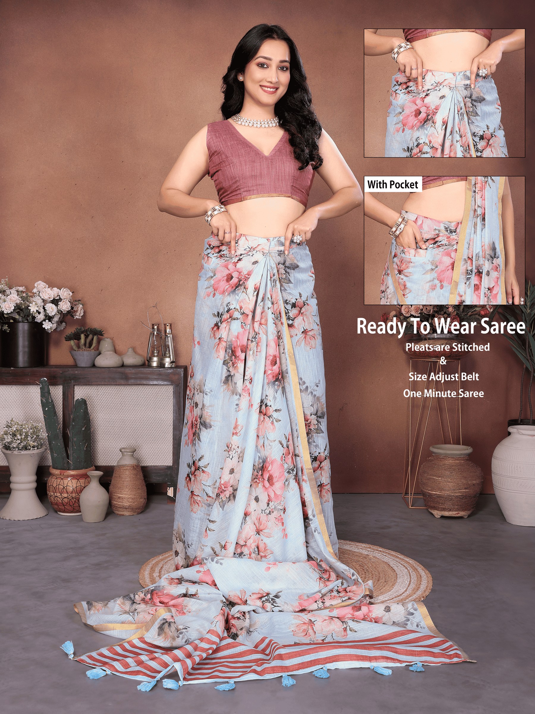 Powder Blue Floral Ready-to-Wear Saree with Striped Pallu, Gold Border and Pocket