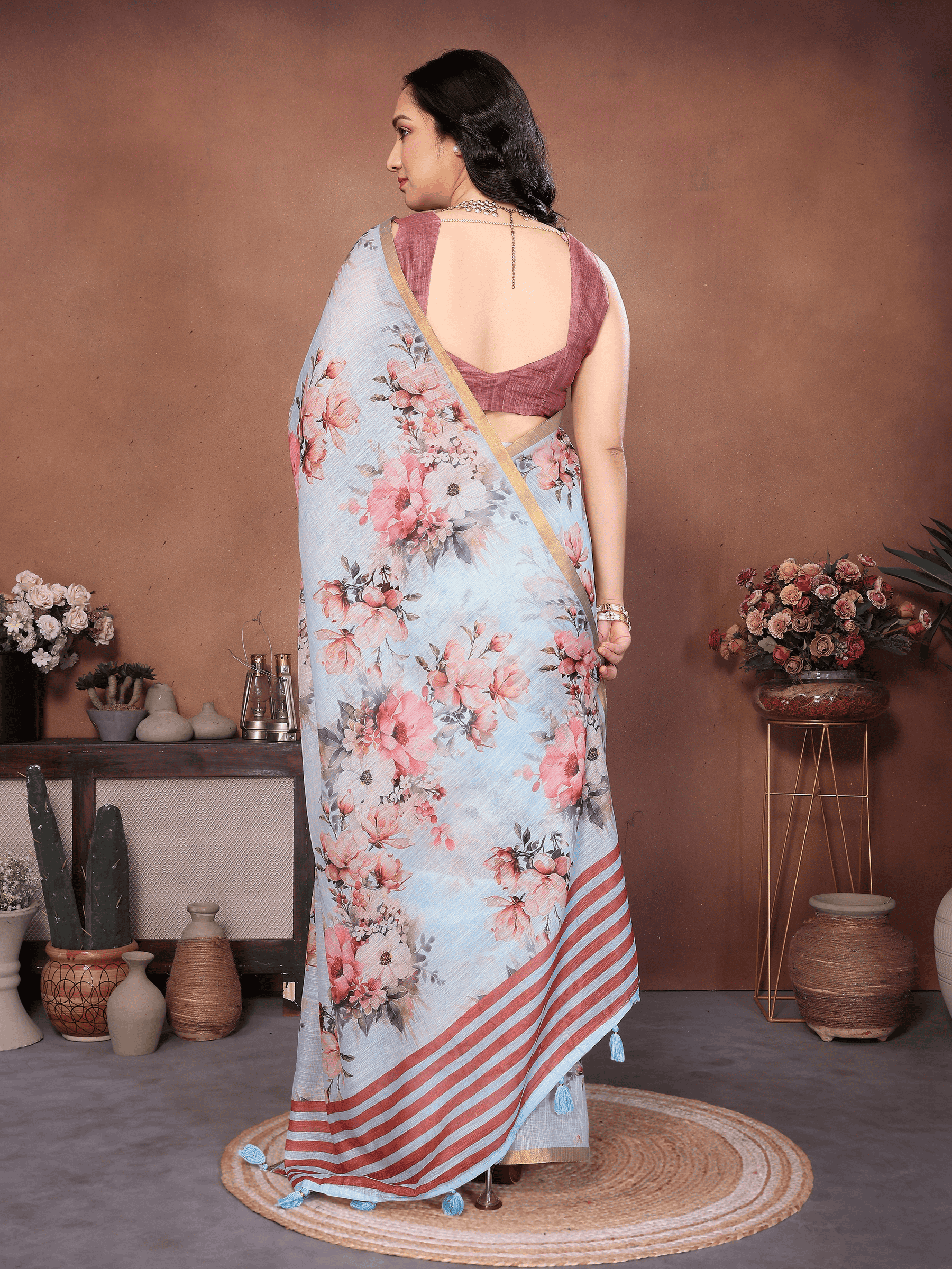 Powder Blue Floral Ready-to-Wear Saree with Striped Pallu, Gold Border and Pocket