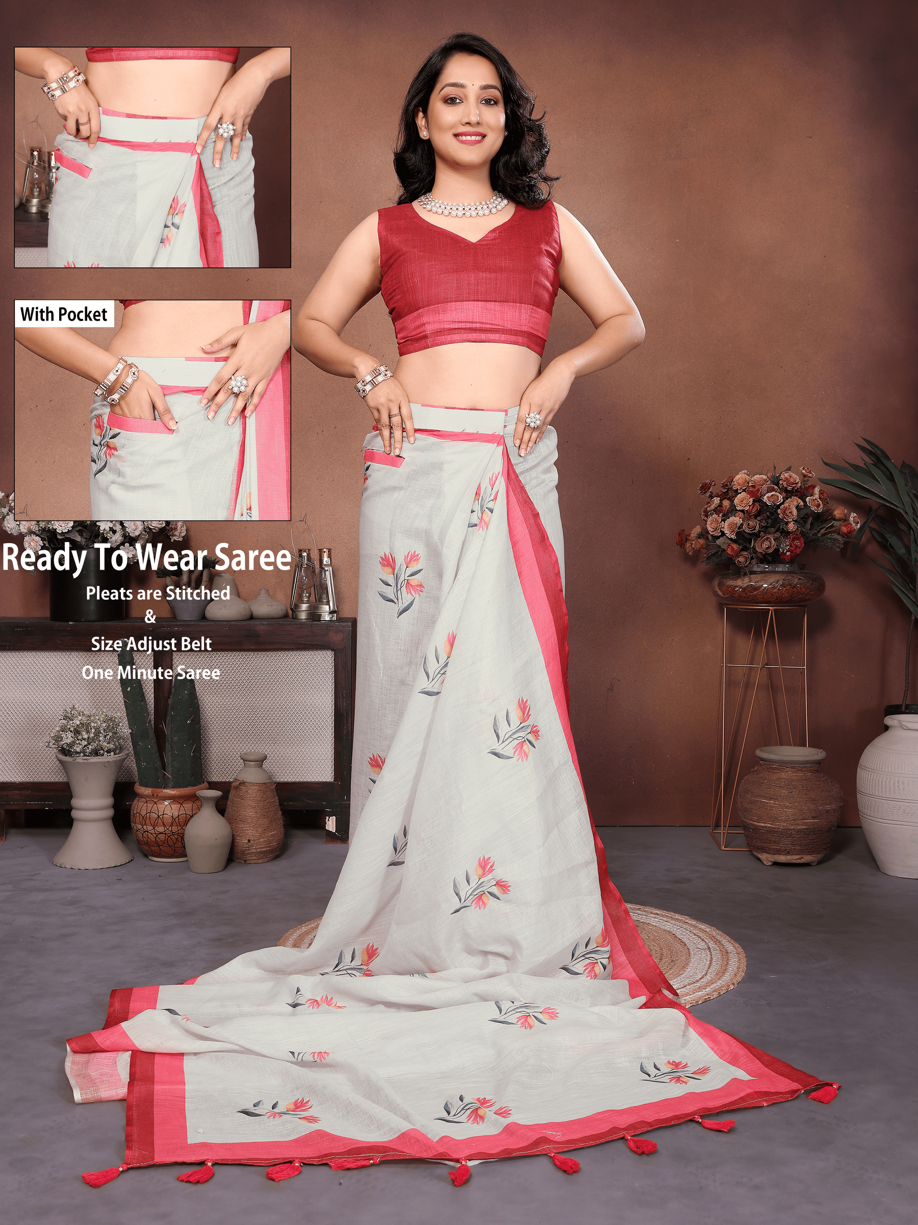 off-white-linen-ready-to-wear-saree-red-border-floral