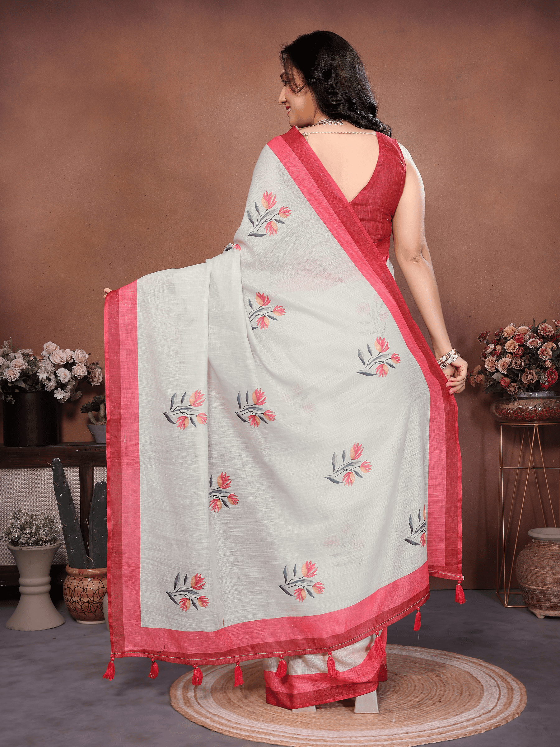off-white-linen-ready-to-wear-saree-red-border-floral