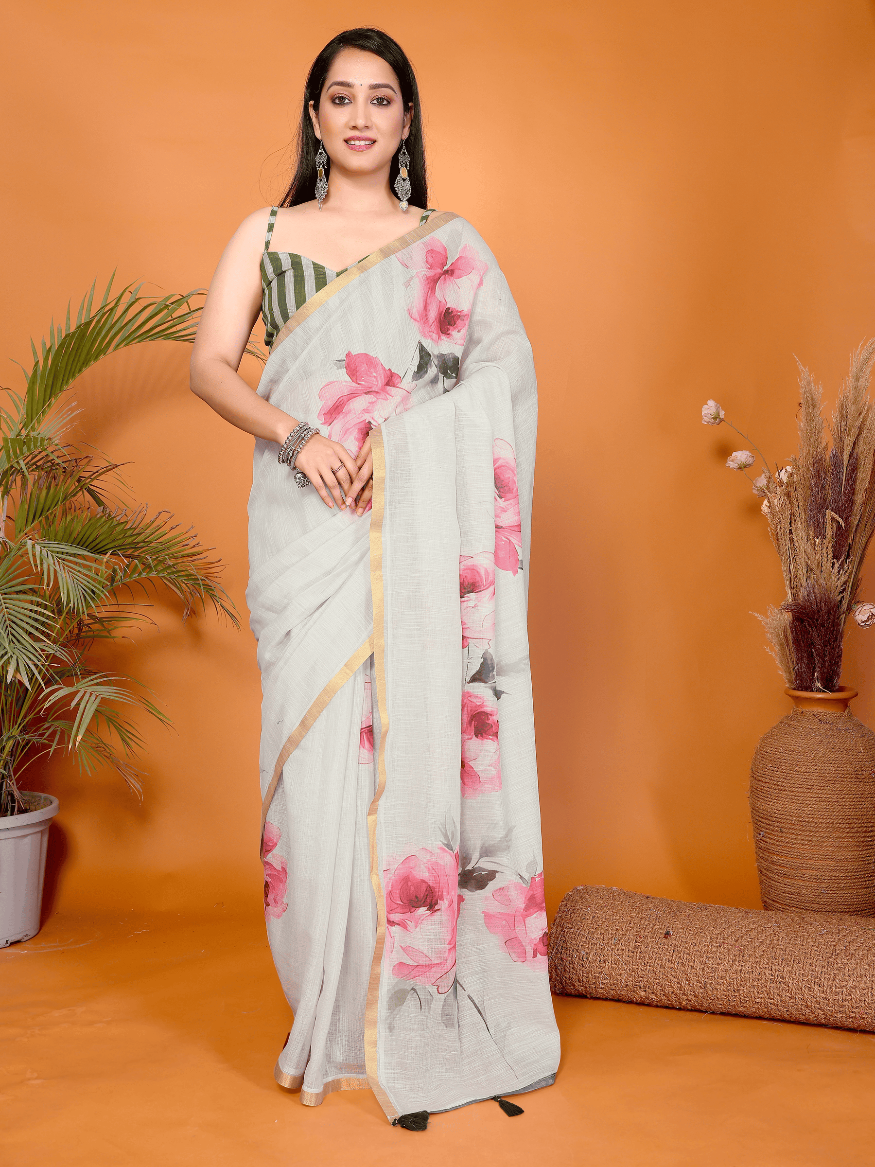 Off-White Floral Ready-to-Wear Saree with Pink Roses, Gold Border & Pocket