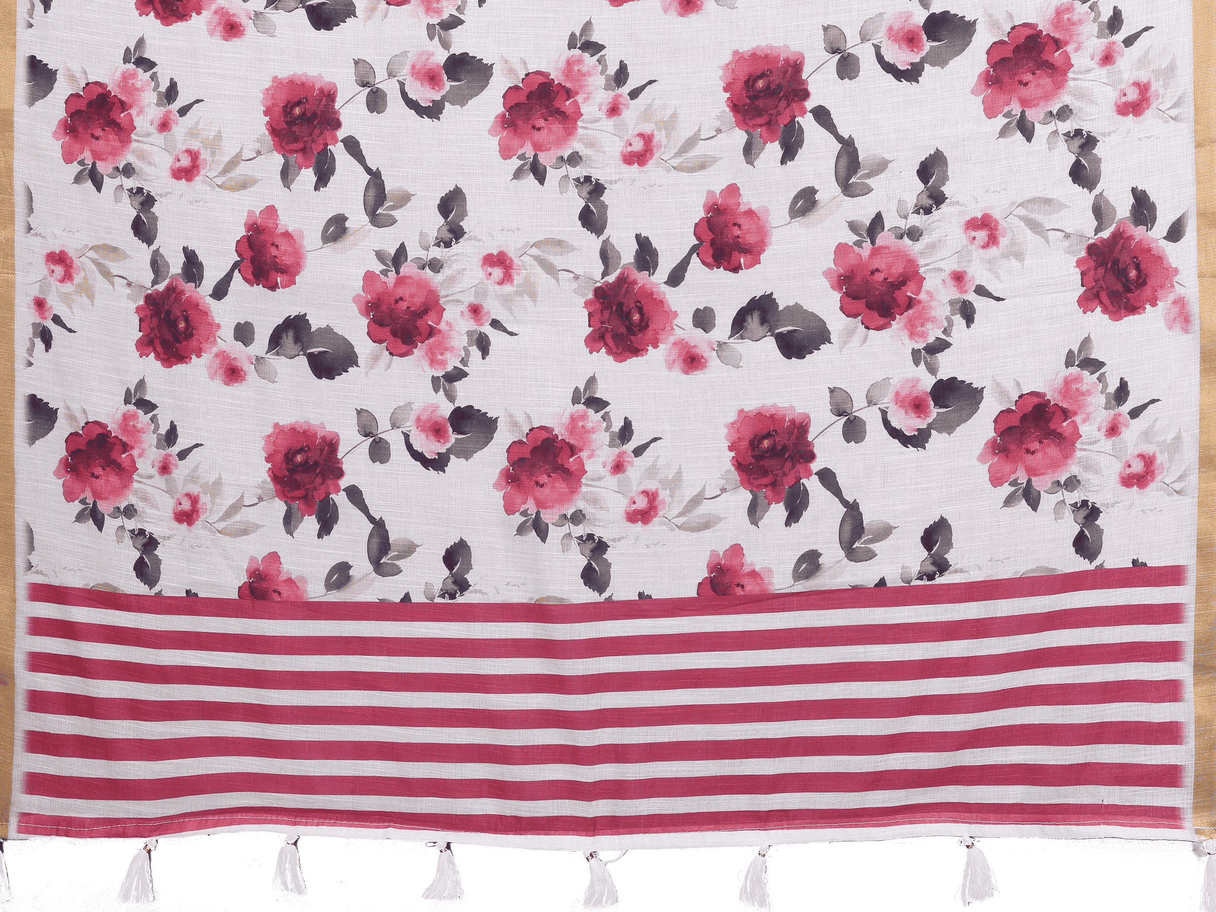White Pink Floral Ready-to-Wear Saree with Striped Pallu, Gold Border & Pocket