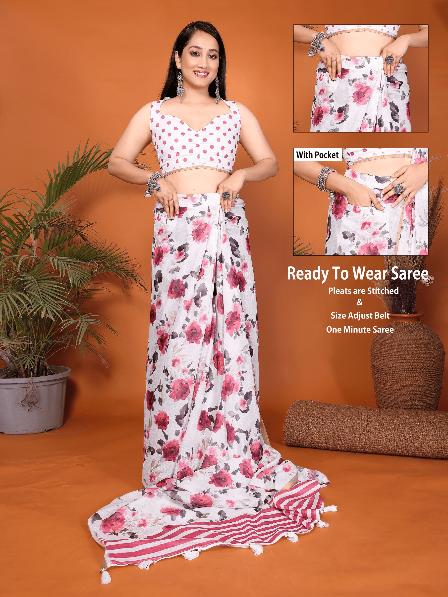 White Pink Floral Ready-to-Wear Saree with Striped Pallu, Gold Border & Pocket