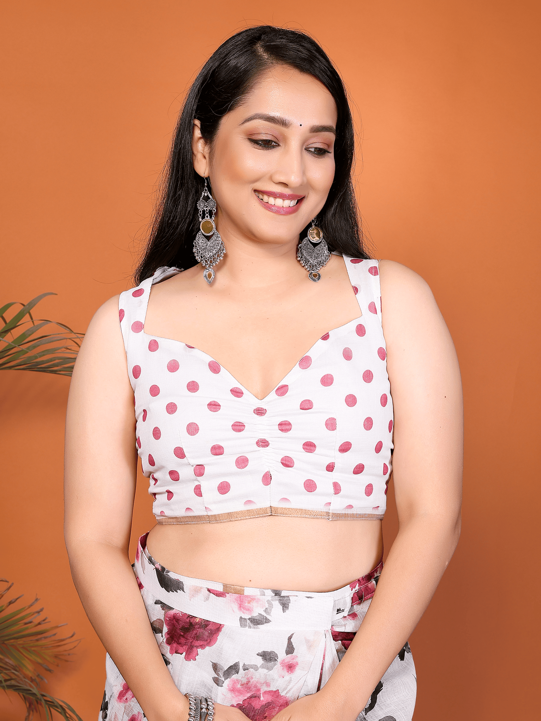 White Pink Floral Ready-to-Wear Saree with Striped Pallu, Gold Border & Pocket