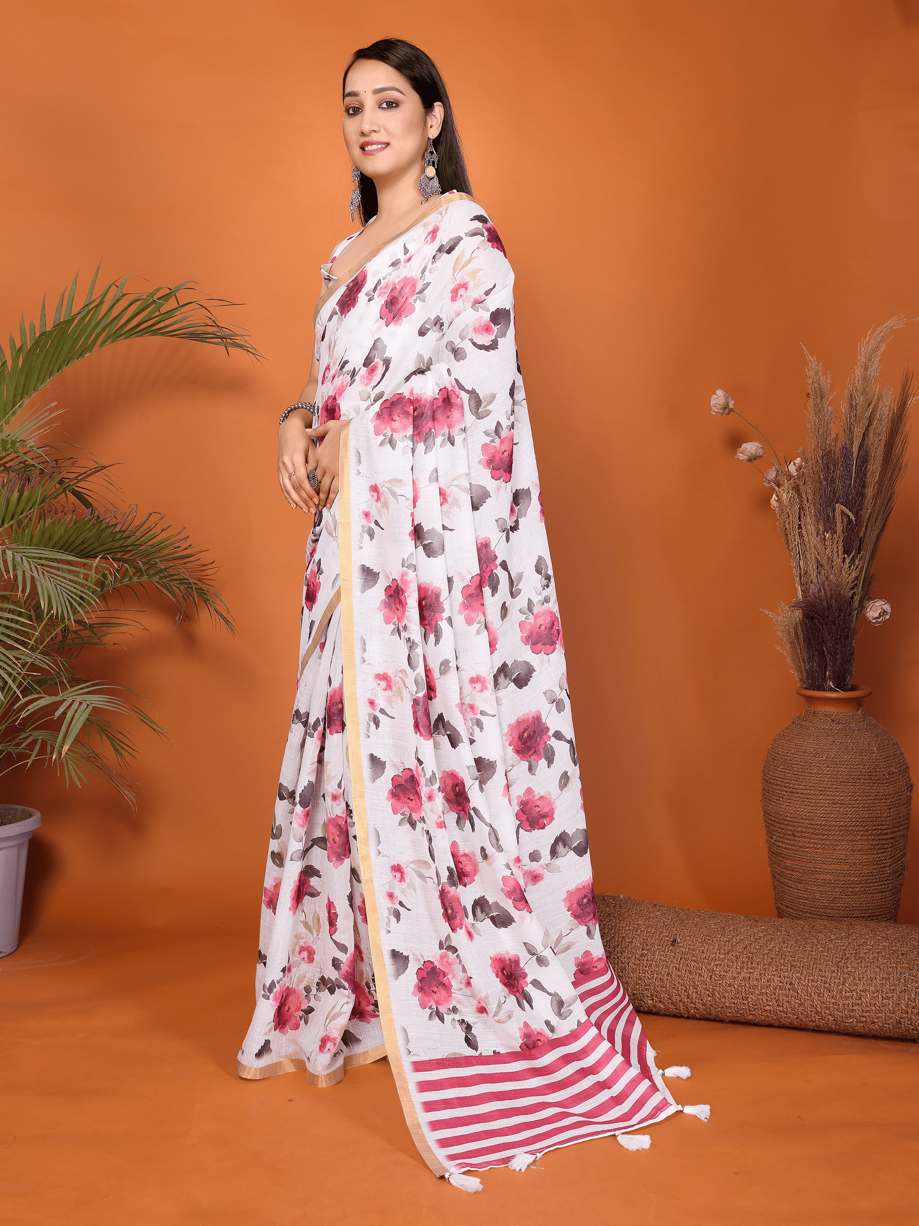 White Pink Floral Ready-to-Wear Saree with Striped Pallu, Gold Border & Pocket