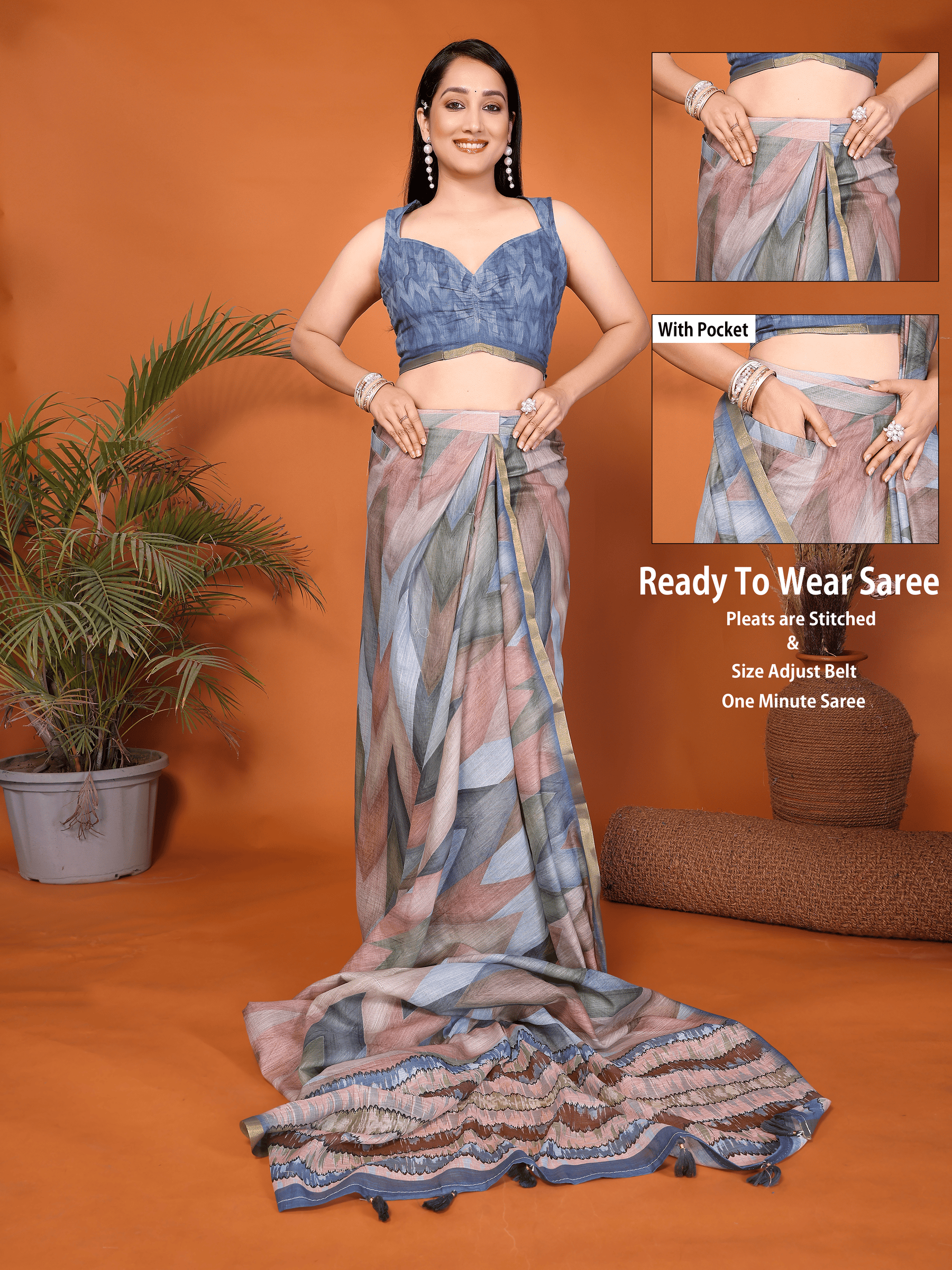 Rust and Blue Geometric Ready-to-Wear Saree with Striped Pallu, Gold Border & Pocket