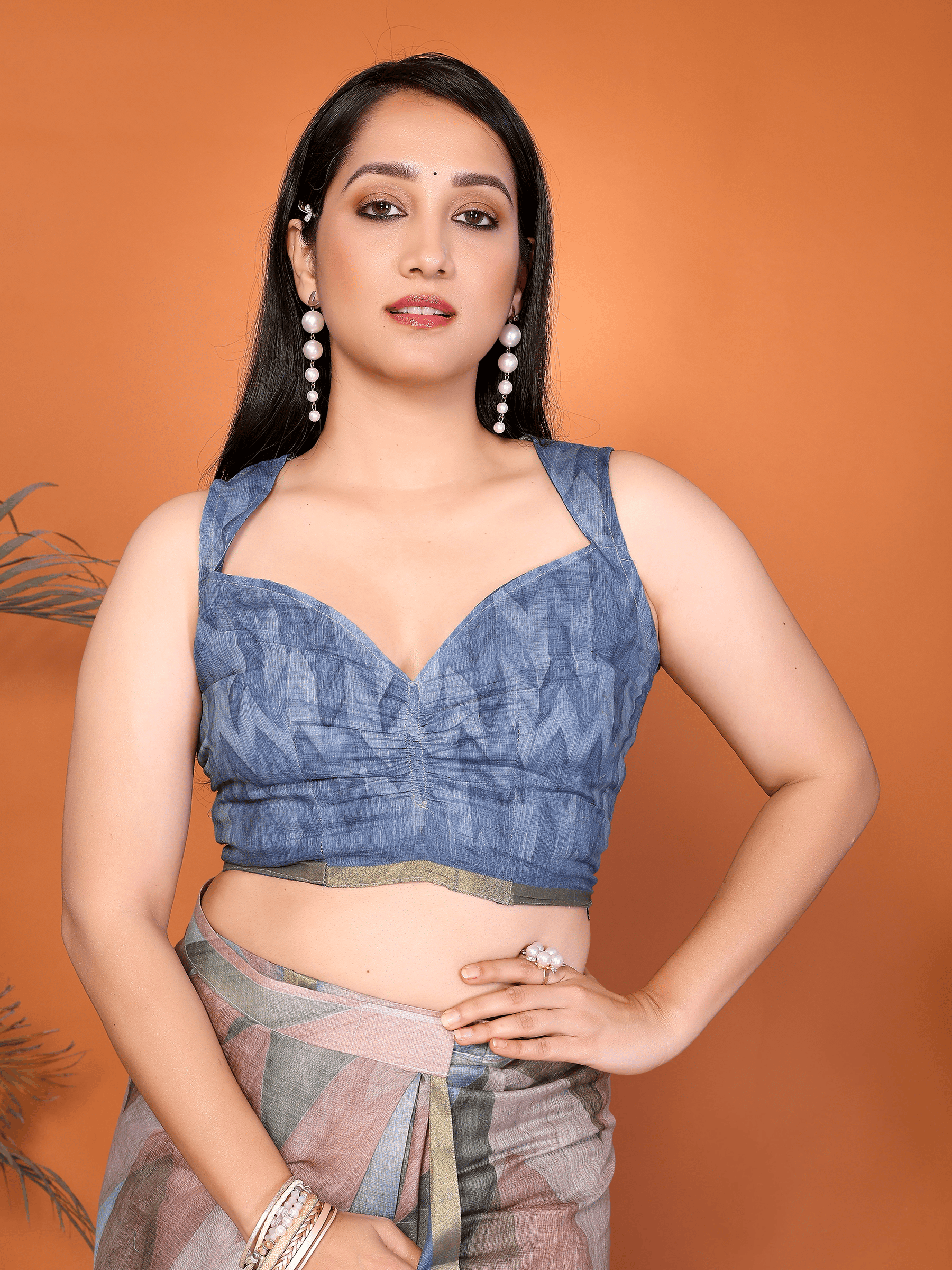 Rust and Blue Geometric Ready-to-Wear Saree with Striped Pallu, Gold Border & Pocket